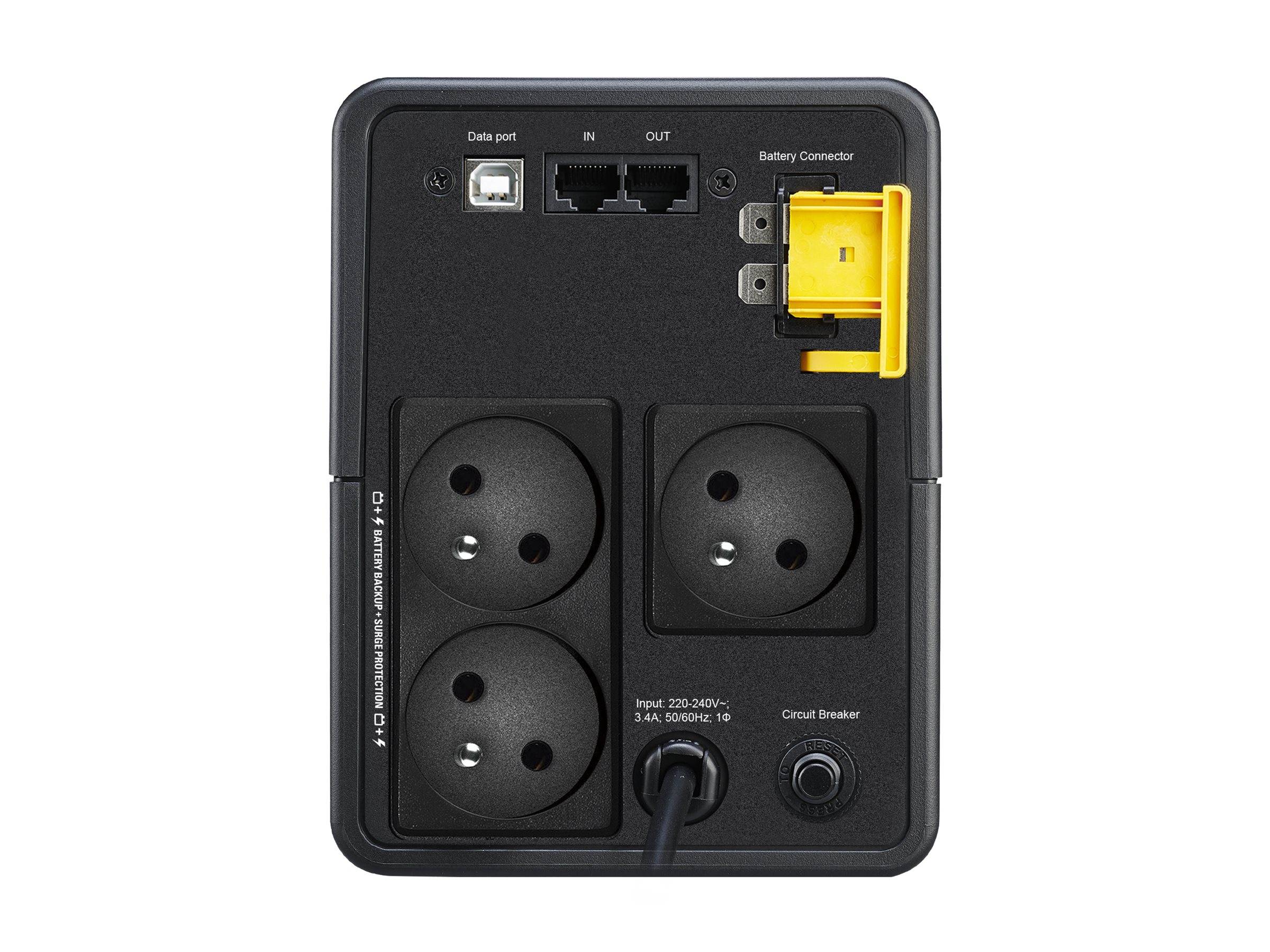 Rückseite einer Stromausfallschutz-Einheit mit zwei Ausgangssteckdosen, Datenport, Ein-/Ausgangsanschlüssen, Batteriestecker und Leistungsschalter.