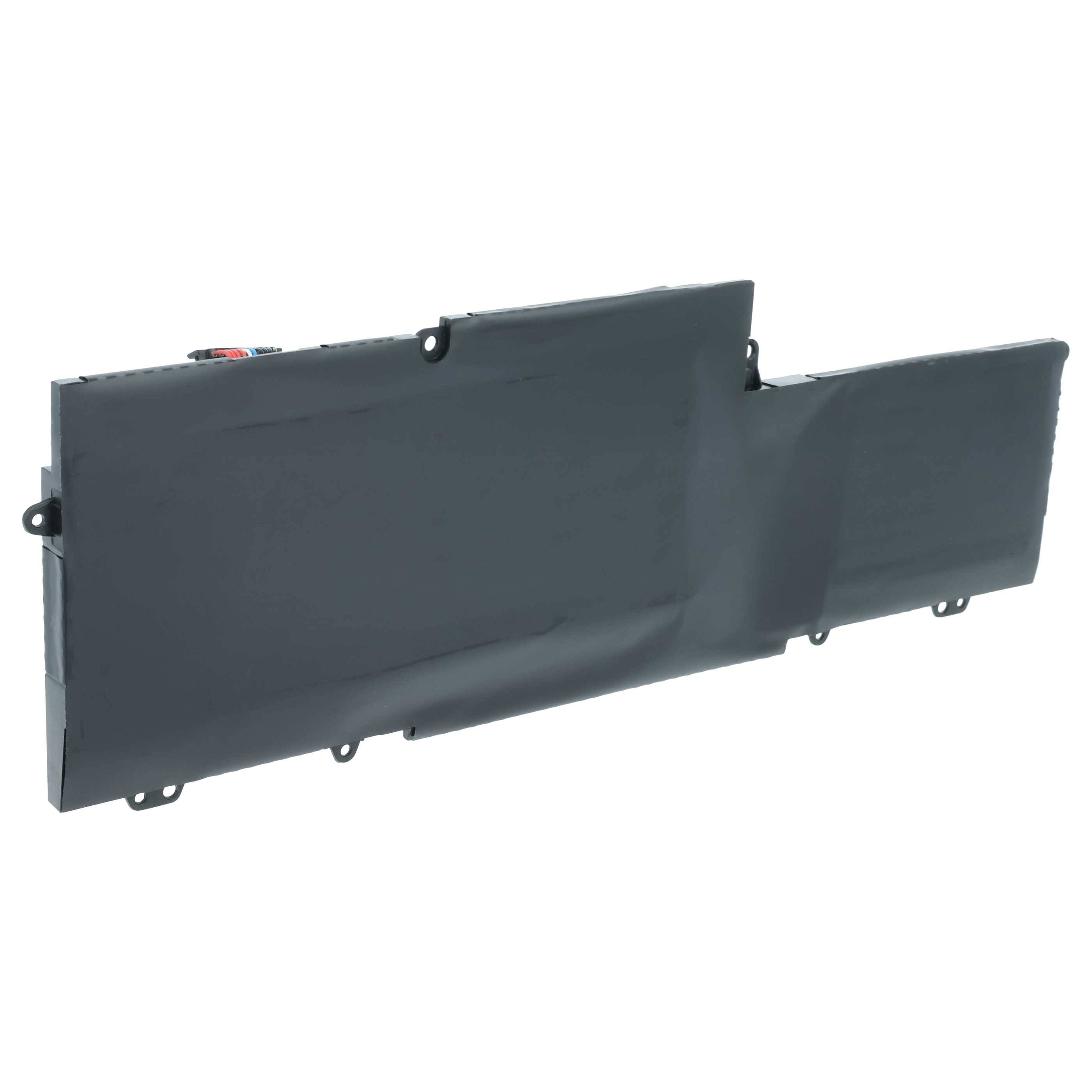 Eine schwarze Laptop-Batterie, von der Seite aufgenommen. Das Bild betont die Form und das Design der Batterie, wobei Anschlüsse auf einer Seite sichtbar sind.