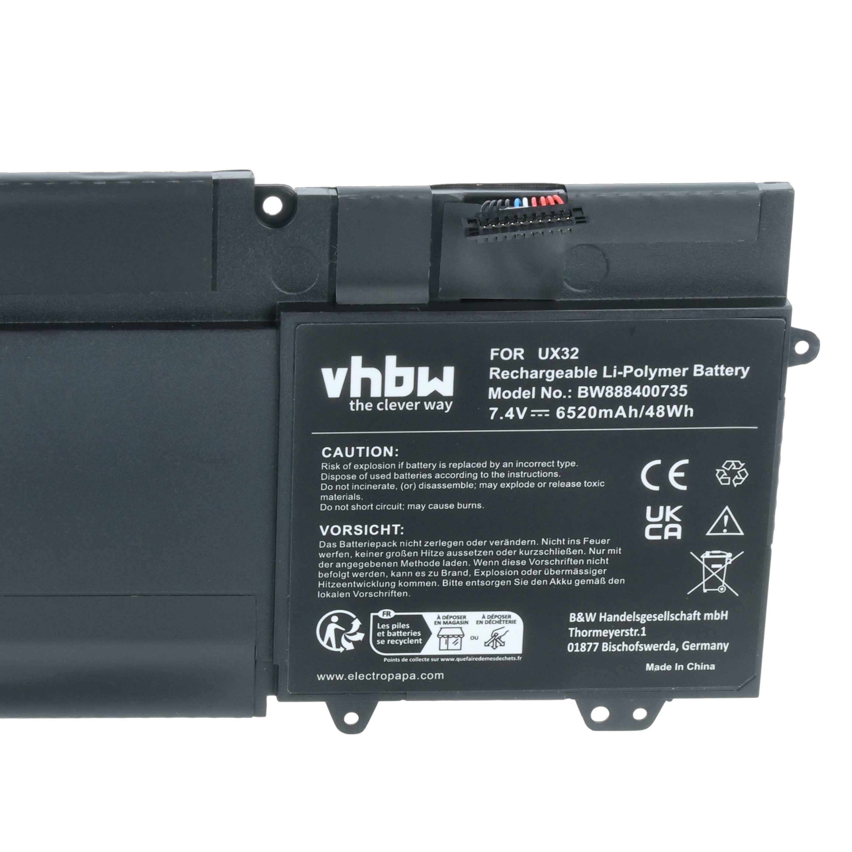Wiederaufladbare Li-Polymer-Batterie für UX32, 7,4V, 6520mAh/48Wh. Modell BW88840735. Sicherheitswarnhinweise und Herstellerangaben sichtbar.