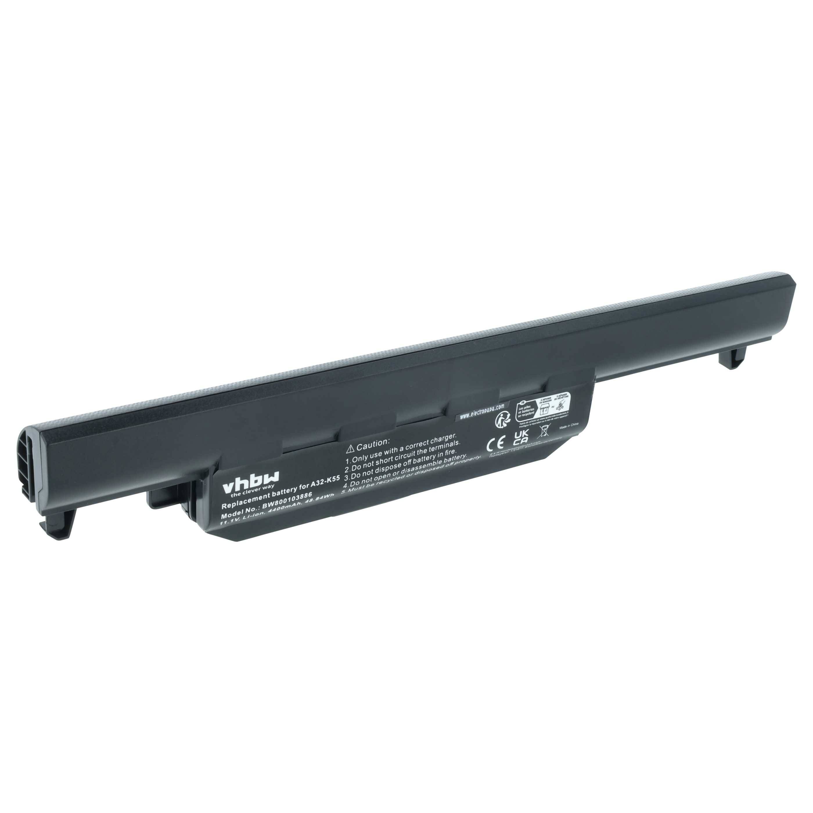 Eine rechteckige schwarze Laptop-Batterie mit Etiketten, die VHBU-Branding und Sicherheitssymbole aufweist.