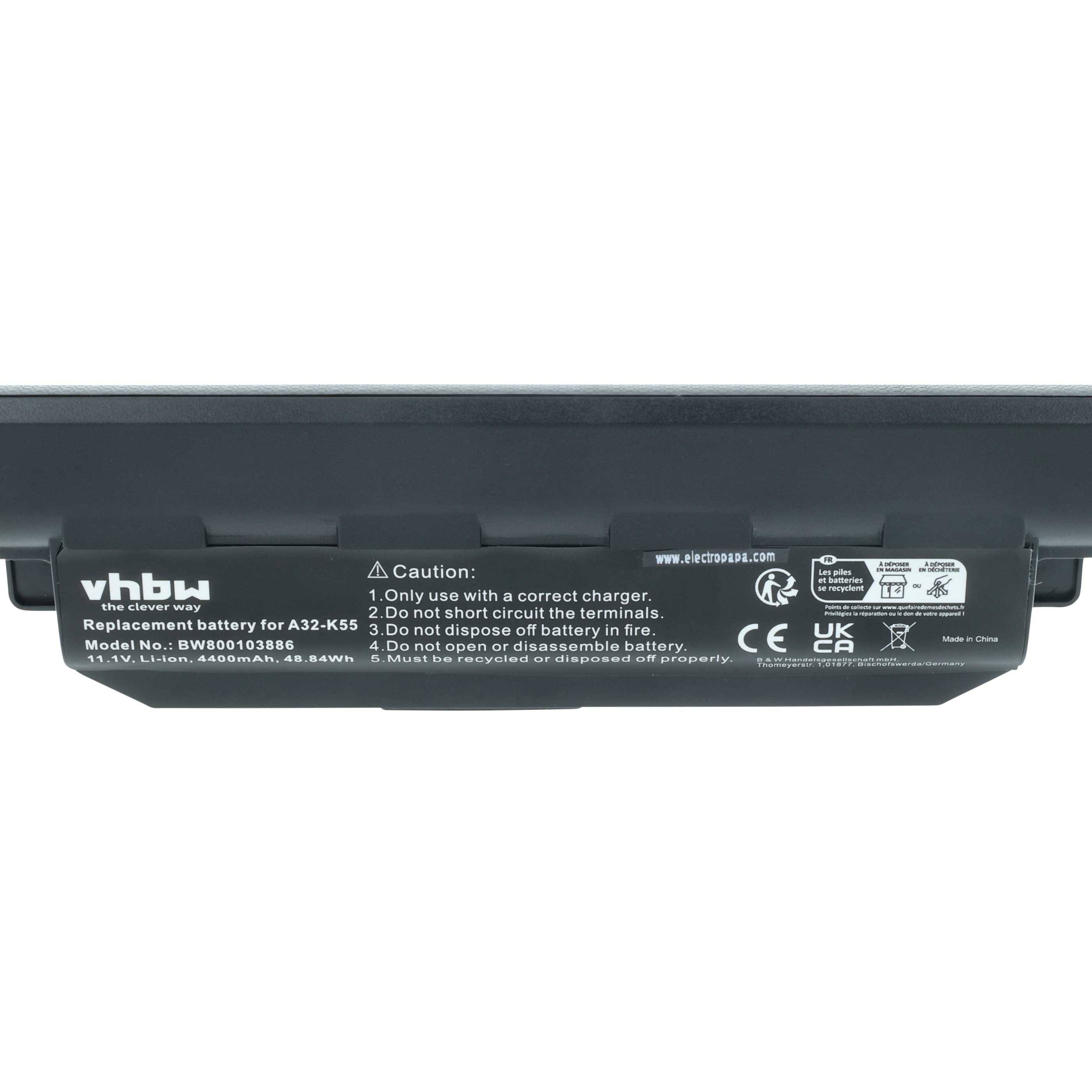 Laptop-Akkuetikett mit Modellnummer 'BW60010308', 11,1V, 4400mAh, 48,84Wh. Anweisungen warnen vor unsachgemäßer Verwendung.