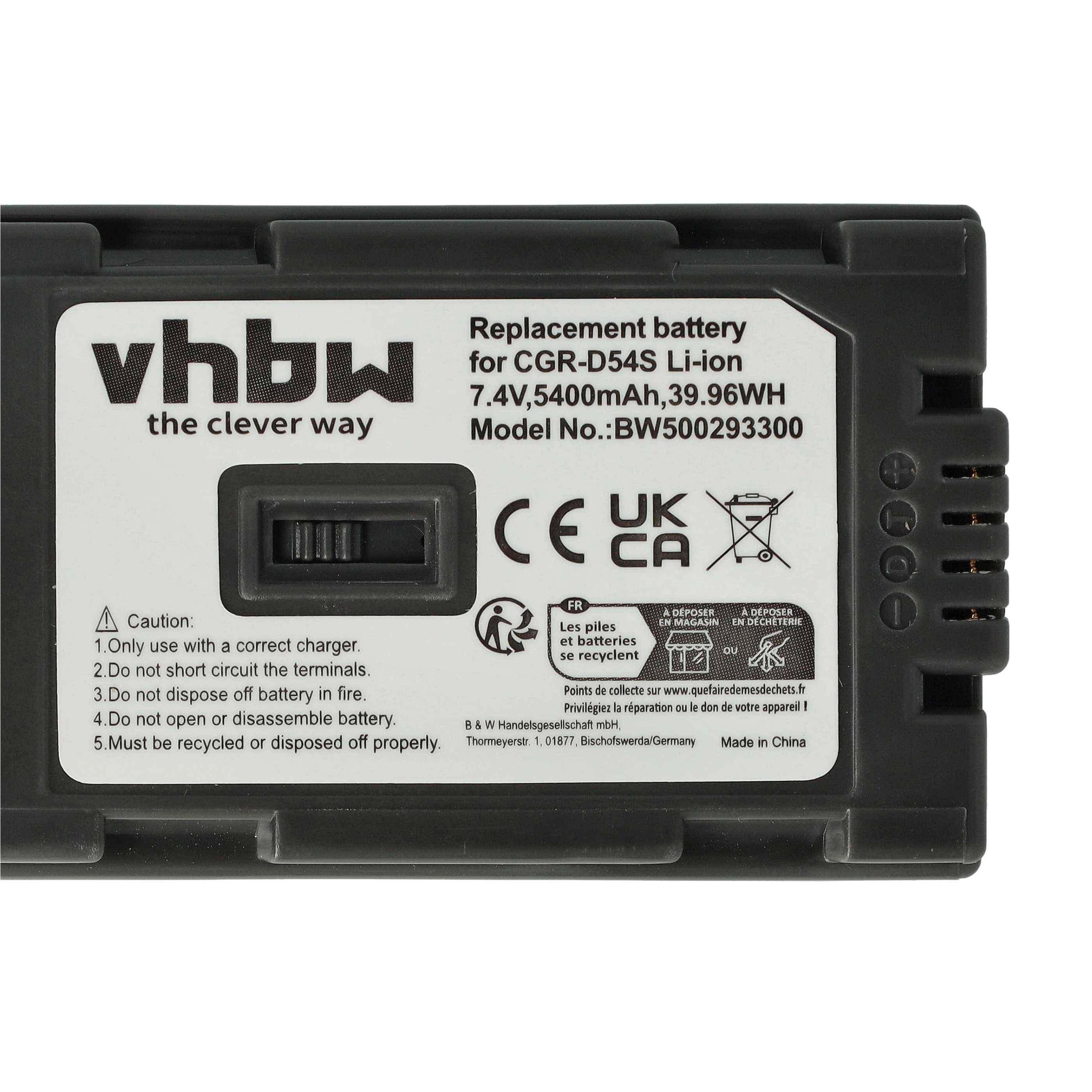 vhbw Akku Ersatz für Panasonic CGA-D54SE/1H, CGP-D110, CGP-D120, CGP-D220 für Kamera Digicam DSLR (5400mAh, 7,4V, Li-Ion)