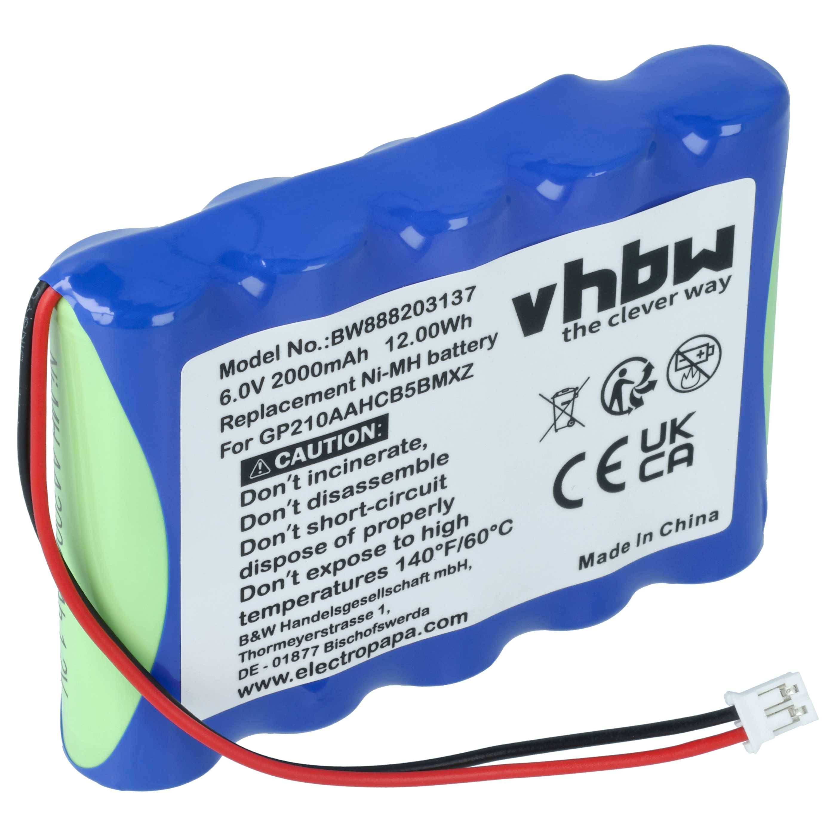 Blauer wiederaufladbarer Ni-MH-Akku mit roten und schwarzen Anschlussdrähten und einem Etikett mit der Angabe 6,0V 2000mAh, Marke VHBW.