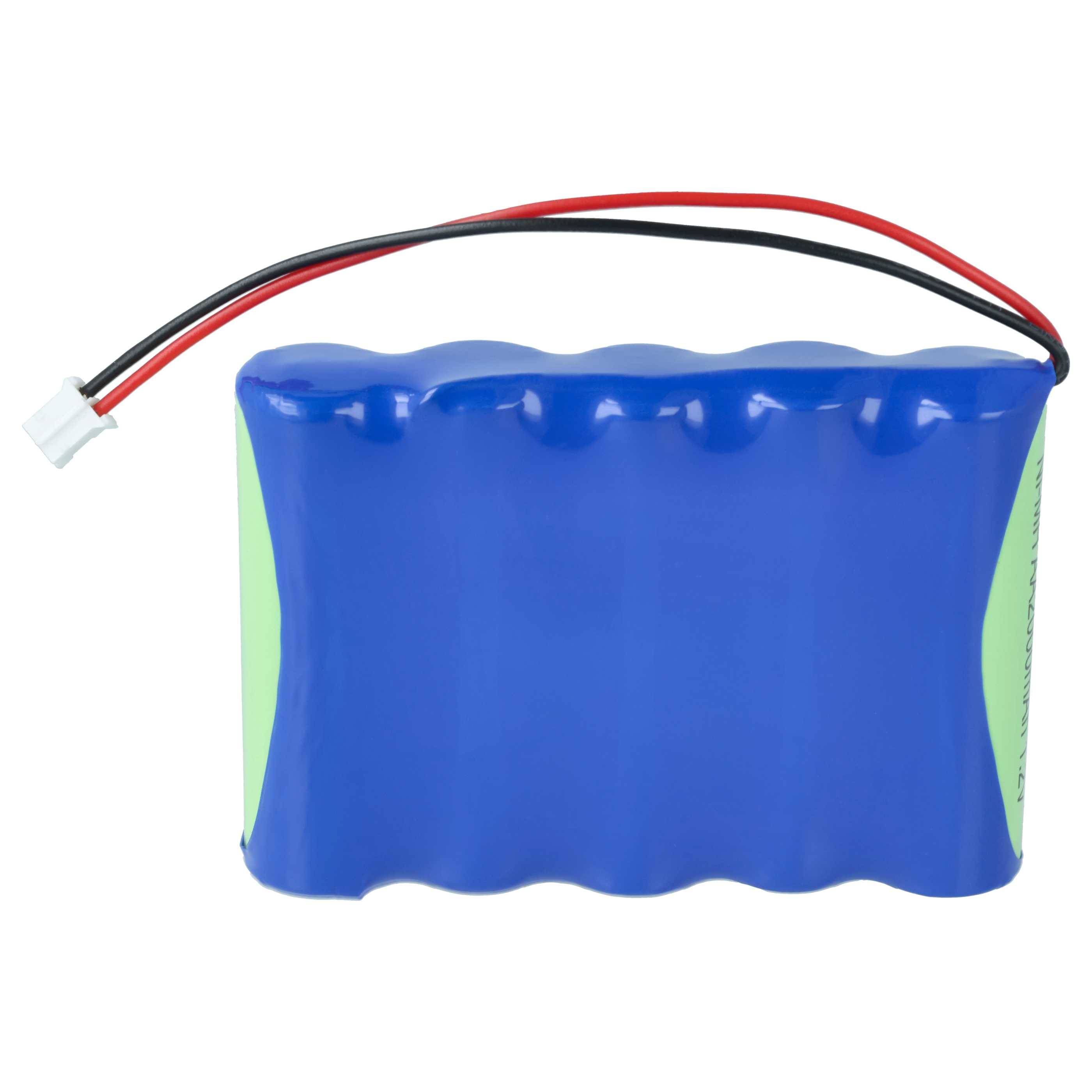 Blaues wiederaufladbares Batteriepaket mit roten und schwarzen Kabeln und einem weißen Stecker auf weißem Hintergrund.