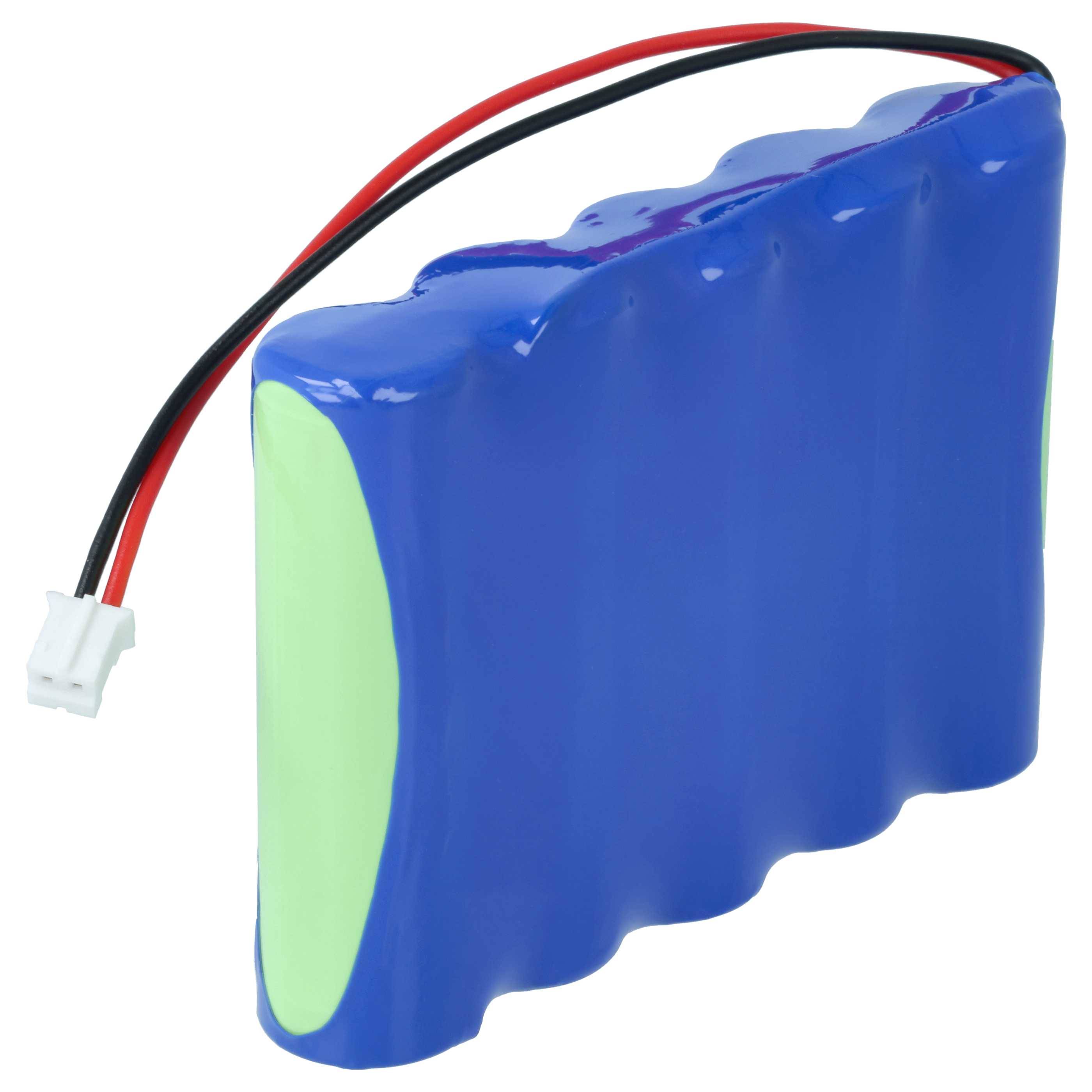 Blauer wiederaufladbarer Batteriepack mit roten und schwarzen Kabeln und einem weißen Stecker.