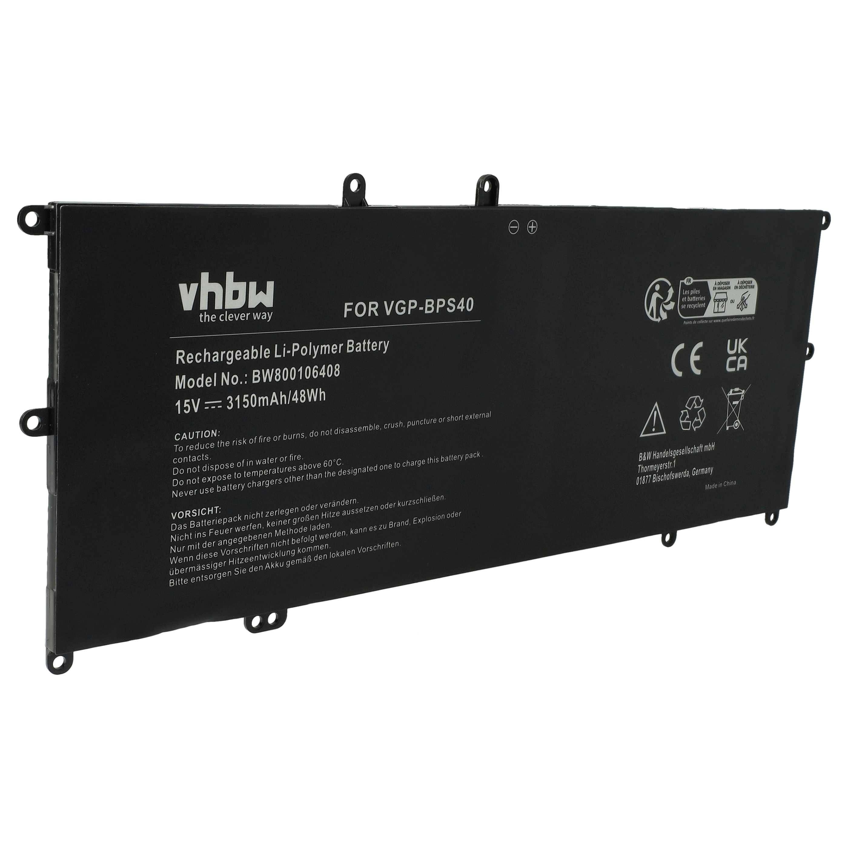 vhbw Akku kompatibel mit Sony Vaio SVF15N28PXB, SVF15N2ACGP, SVF15N2L2E, SVF15N2Z2E Notebook (3150mAh, 15V, Li-Polymer)