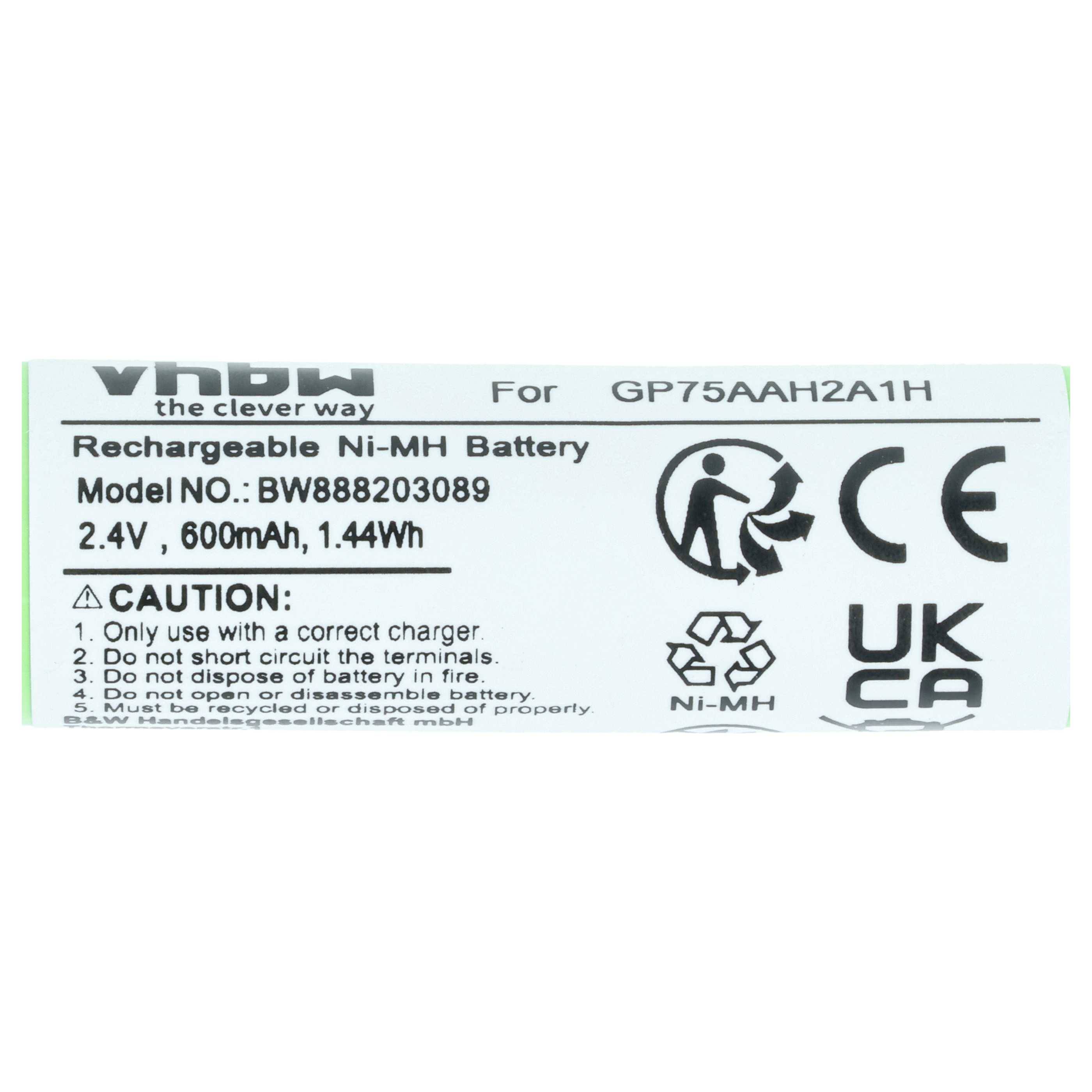 Etikett auf wiederaufladbarem Ni-MH-Akku für GP75AAH2A1H, mit Anzeige von 2,4V, 600mAh, Modell BW888203089, mit Warnhinweisen und Zertifizierungsmarken.