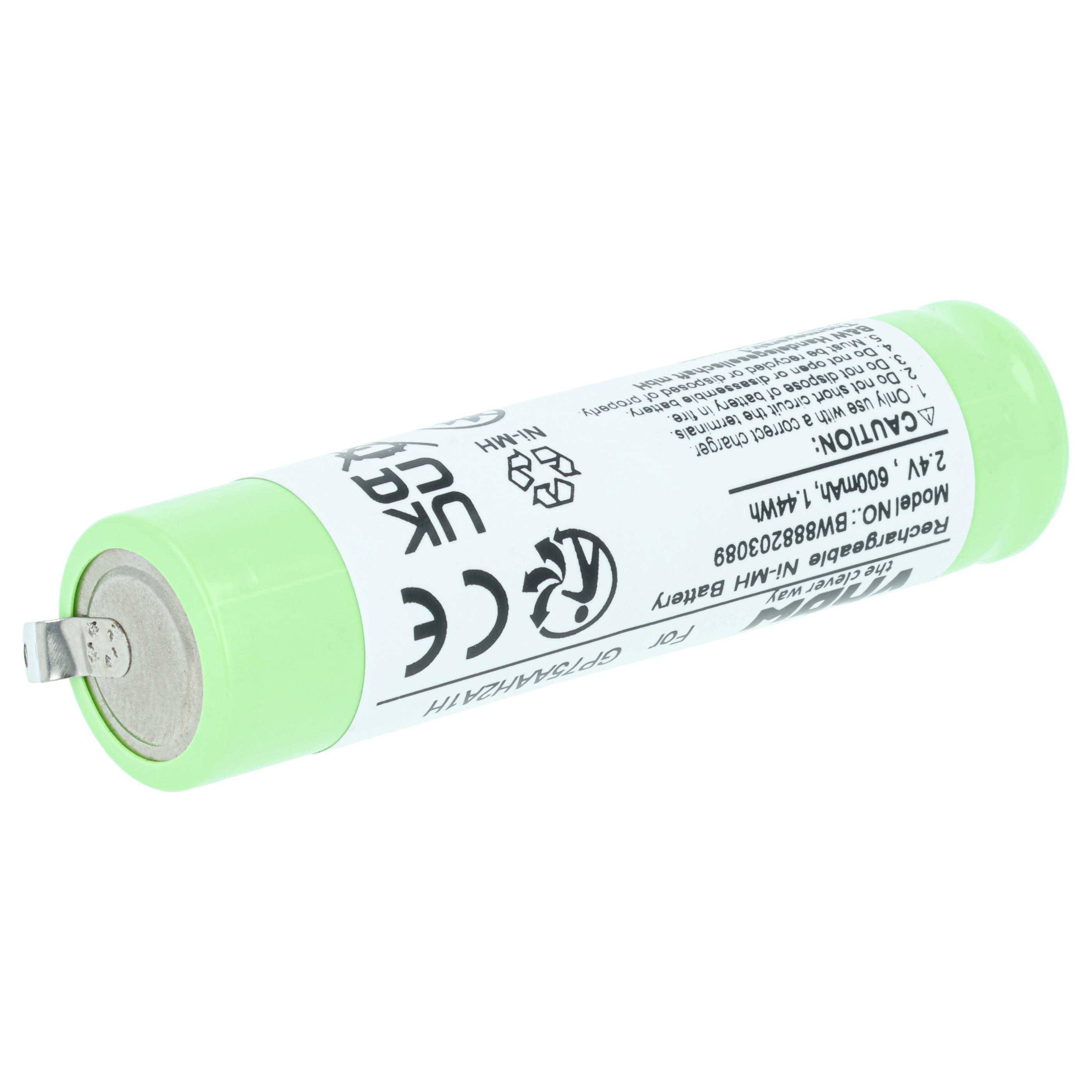 Grüne zylindrische wiederaufladbare Batteriezelle mit bedrucktem Etikett und Metallklemme auf weißem Hintergrund.