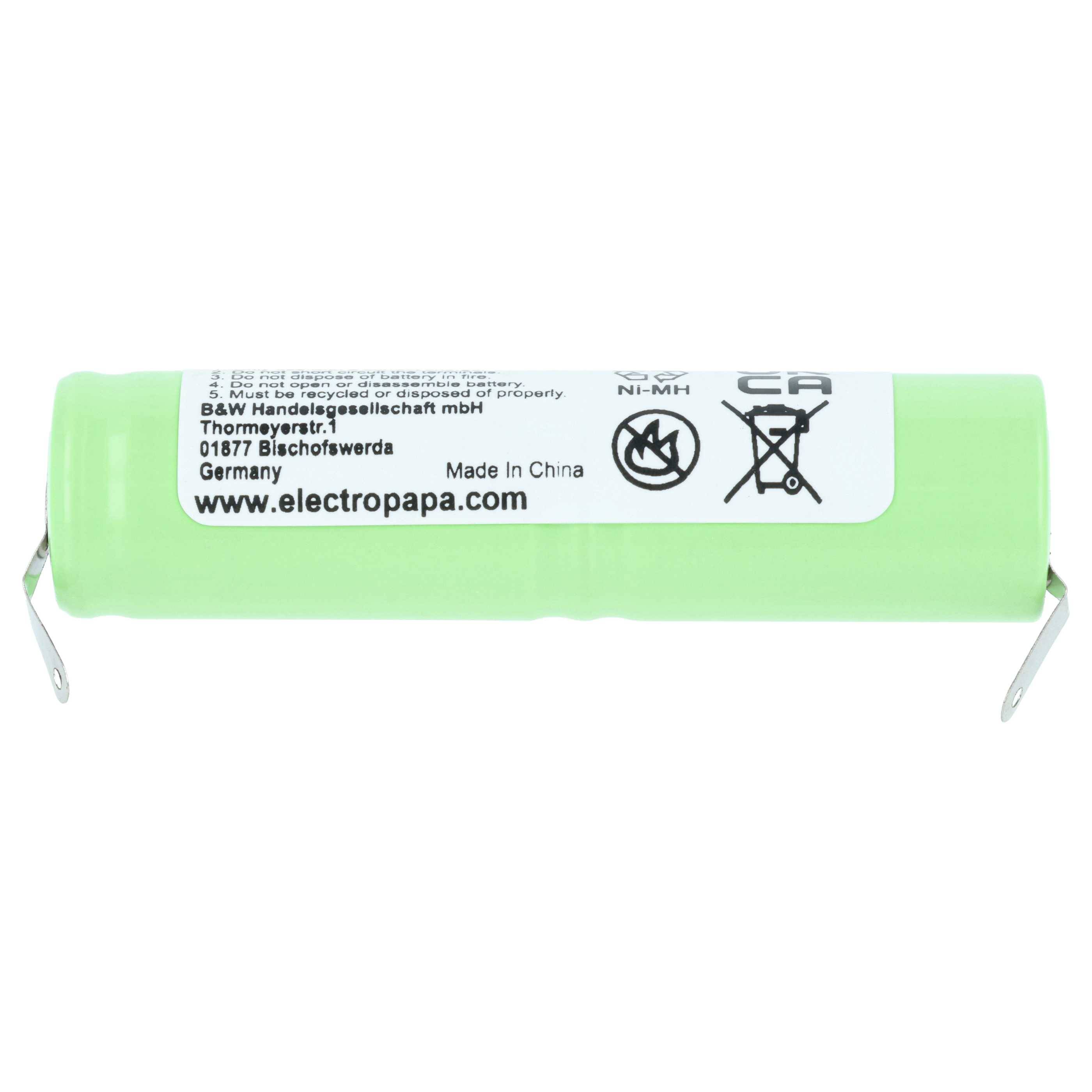 Grüne zylindrische Ni-MH-Akkuzelle mit Metallfahnen und Etikett, das electropapa.com und Recycling-Symbole zeigt.