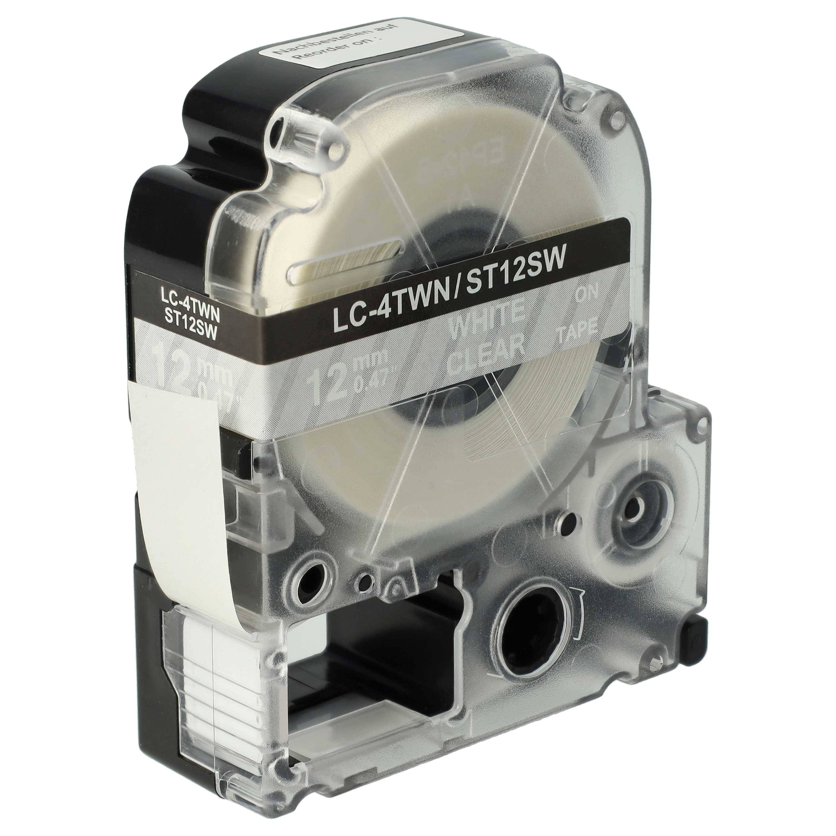 vhbw Schriftband-Kassette Ersatz für Epson LC-4TWN für Etiketten-Drucker 8m x 12mm Weiß auf Transparent