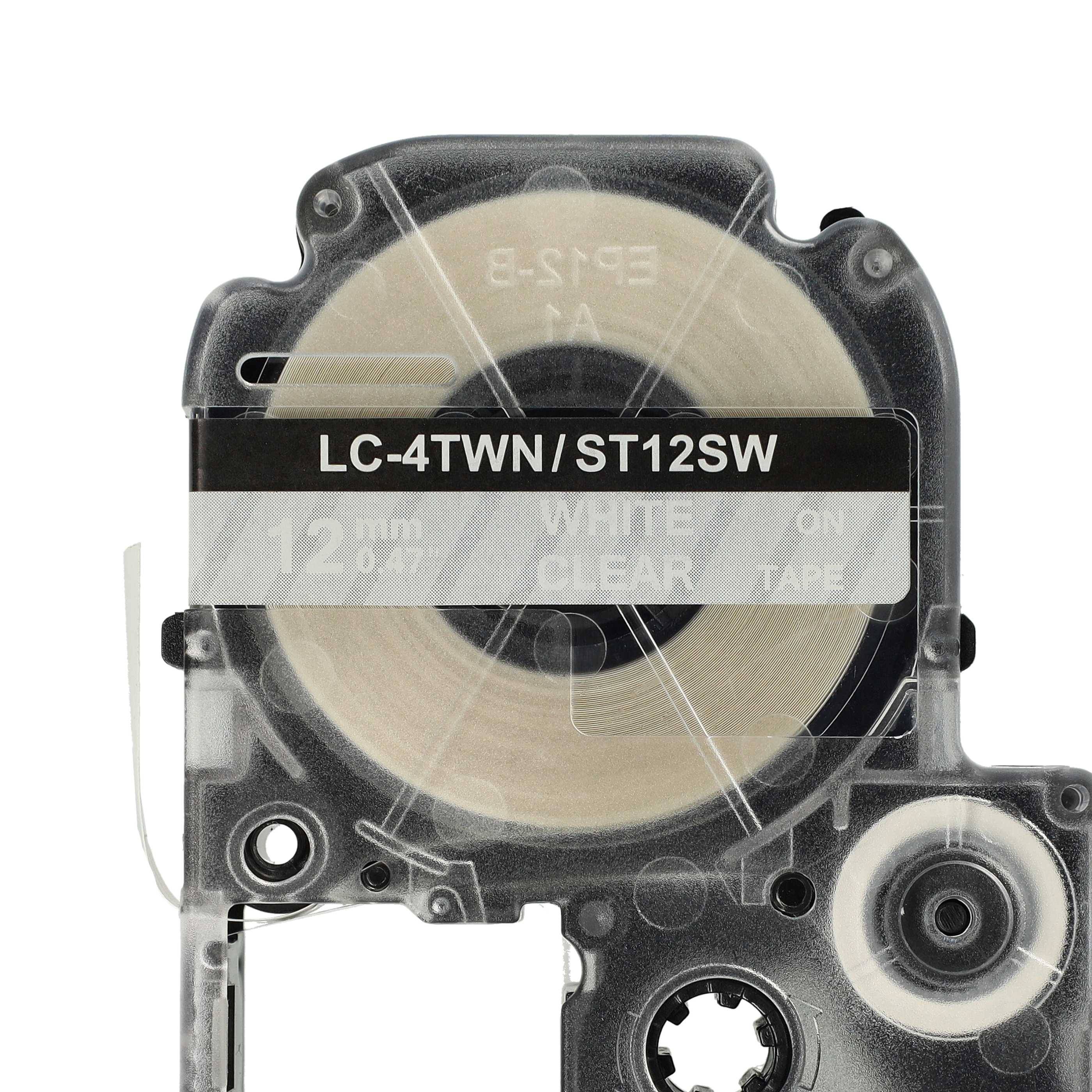 vhbw Schriftband-Kassette kompatibel mit Epson OK200, LW-400, LW-300, LW-900P, LW-500, LM-700 Etiketten-Drucker 8m x 12mm Weiß auf Transparent