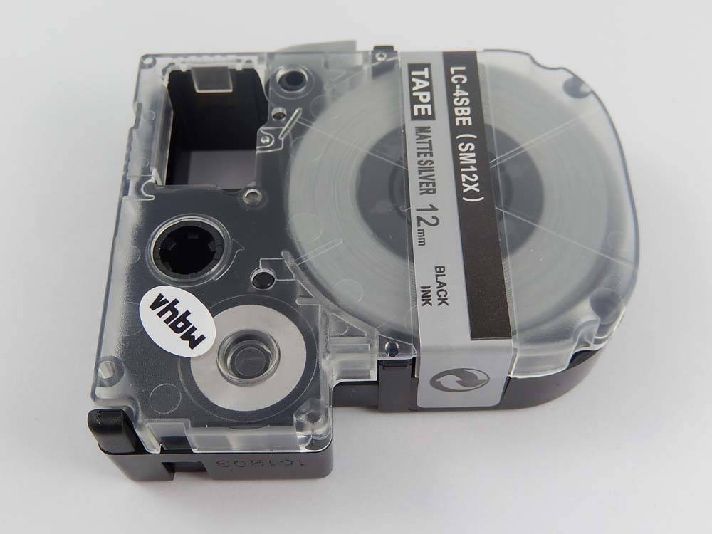 vhbw Schriftband-Kassette kompatibel mit Epson LabelWorks LW-1000P | LW-600P Etiketten-Drucker 8m x 12mm Schwarz auf Matt-Silber, Kunststoff