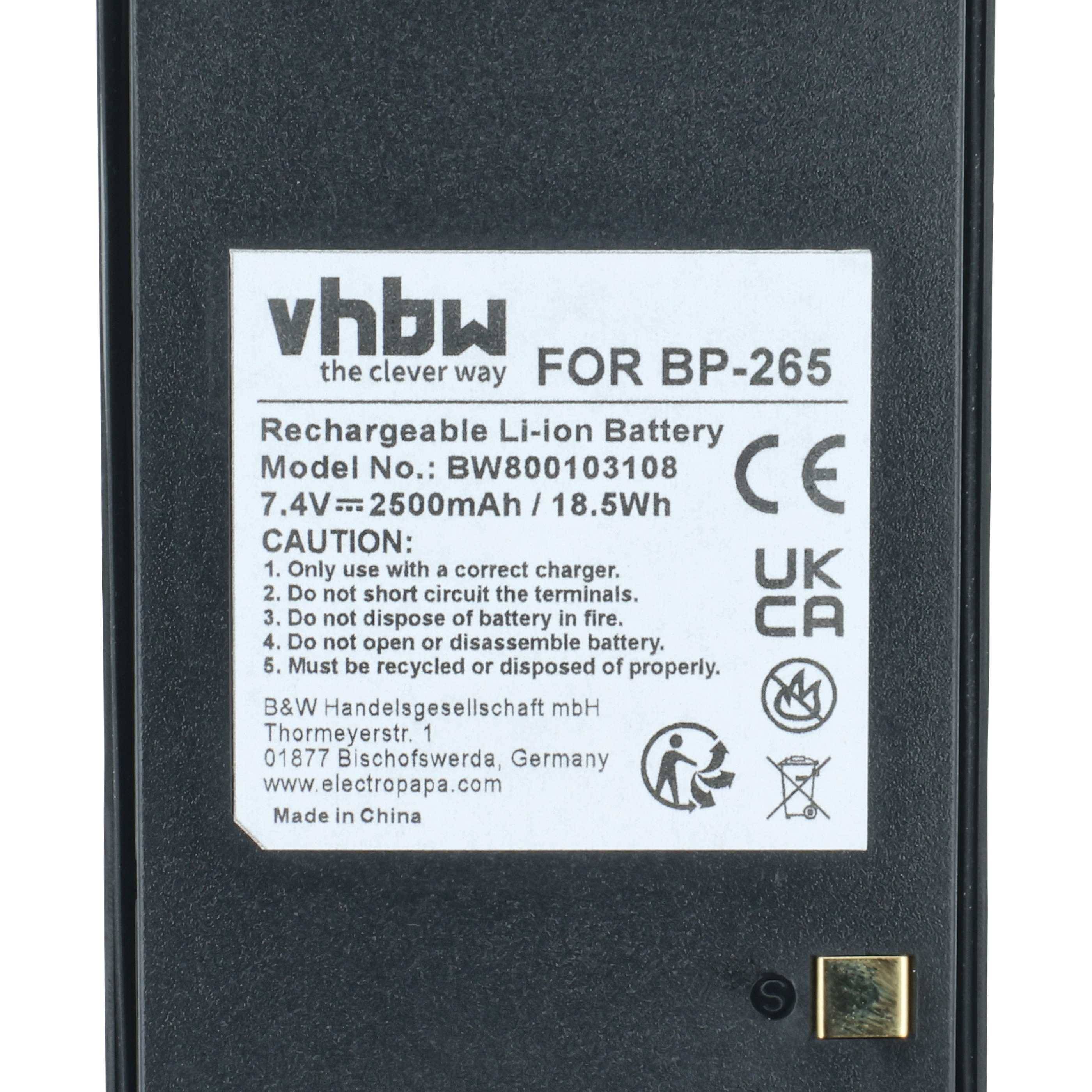 vhbw, die clevere Art. FÜR BP-265. Aufladbarer Li-Ion-Akku. Modell-Nr.: BW800103108. 7,4V = 2500mAh / 18,5Wh. VORSICHT: 1. Nur mit kompatibler Ladegerät verwenden. 2. Keine Kurzschlüsse an den Anschlüssen erzeugen. 3. Batterie nicht im Feuer entsorgen. 4. Batterie nicht öffnen oder zerlegen. Hergestellt in China von B&W Handelsgesellschaft mbH.