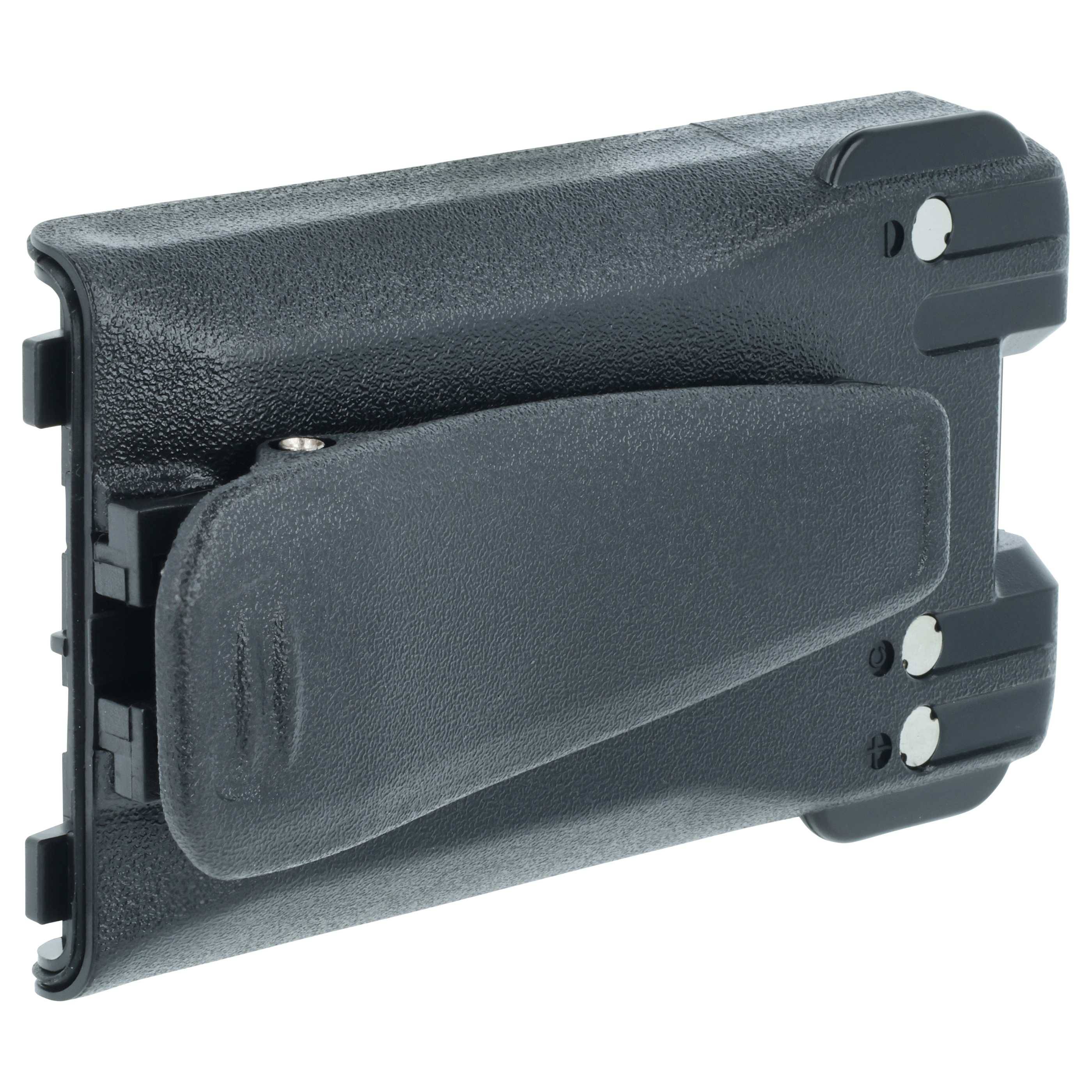 Schwarze Kunststoff-Batteriebox mit einer Klammer, die als Rückabdeckung für elektronische Geräte verwendet wird und eine strukturierte Oberfläche sowie Schnappverschlüsse aufweist.