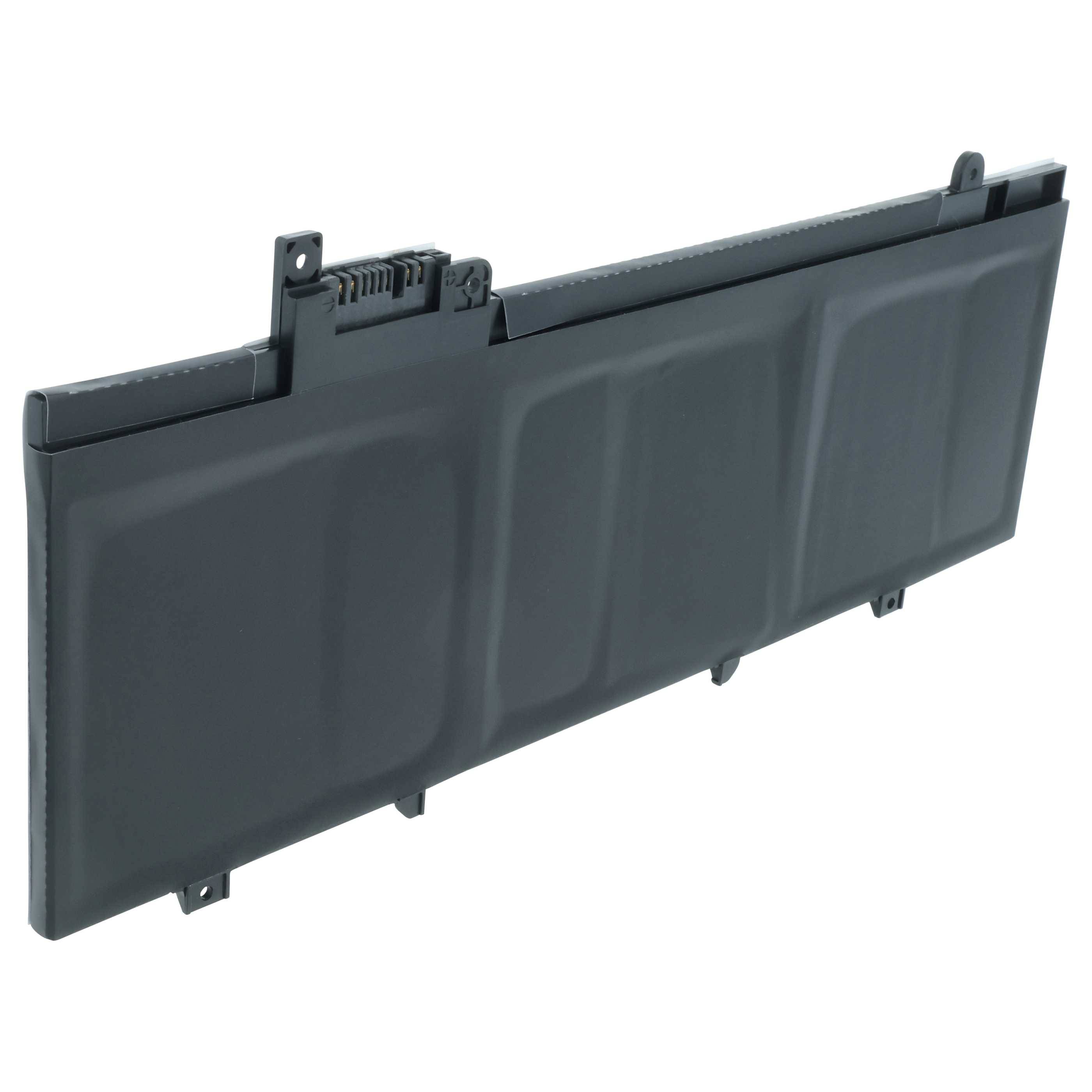 Rechteckiger schwarzer Laptop-Akku mit einer Kunststoffklemme an der Oberseite. Entwickelt zum Austausch oder zur Aufrüstung in kompatiblen Geräten.