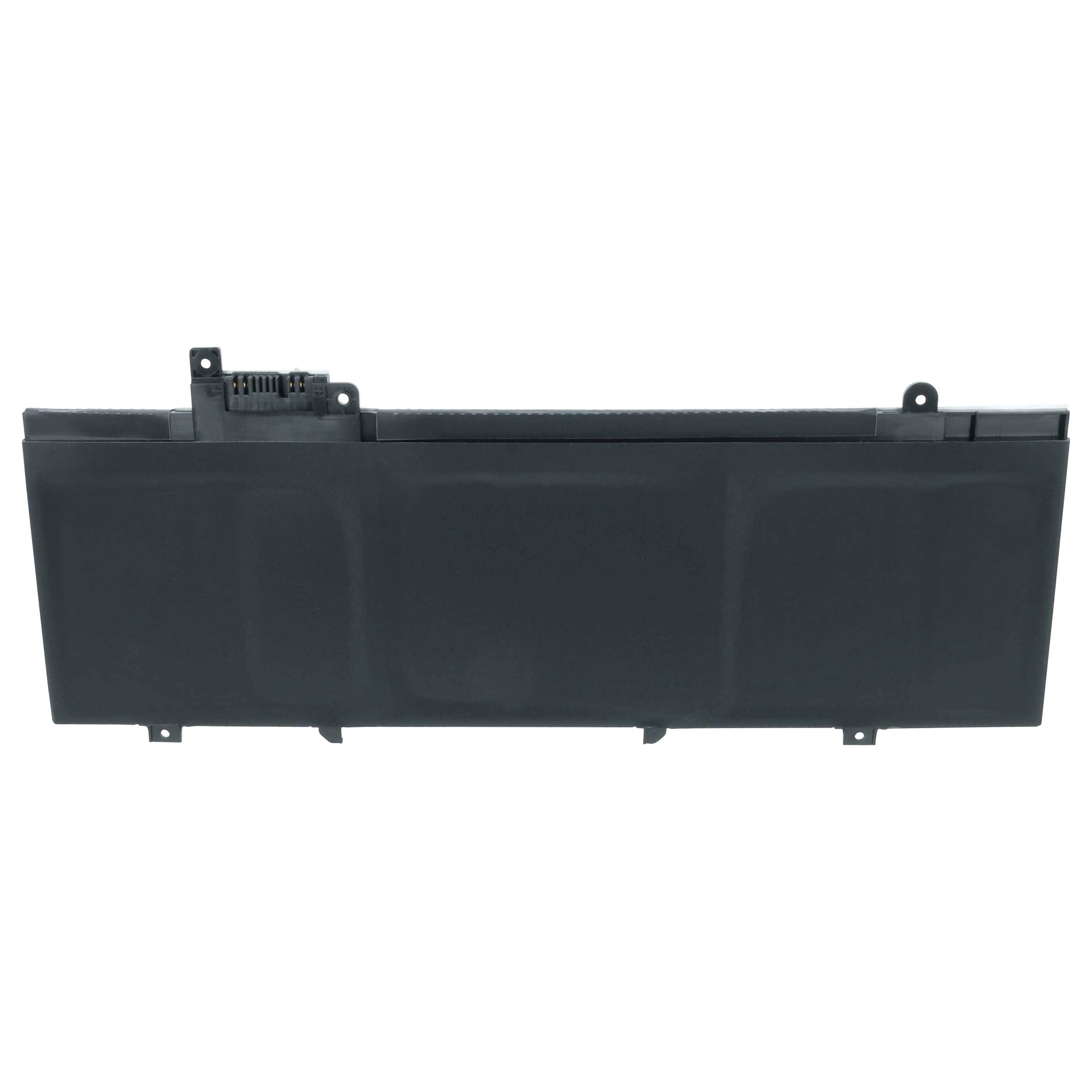 Ein Laptop-Akku mit einer schwarzen rechteckigen Form, mit einem Anschluss in der oberen linken Ecke.