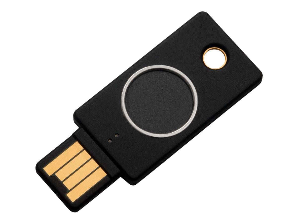 Schwarzes USB-Speicherlaufwerk mit einer kreisförmigen Taste und einer Schlüsselbundöffnung, dargestellt auf weißem Hintergrund mit ausgefahrenem Anschluss.