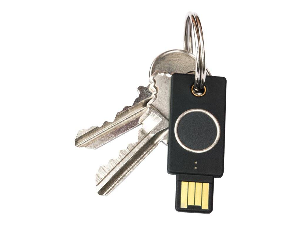 Schwarzes USB-Laufwerk an einem Schlüsselring mit drei Schlüsseln, vor weißem Hintergrund dargestellt.