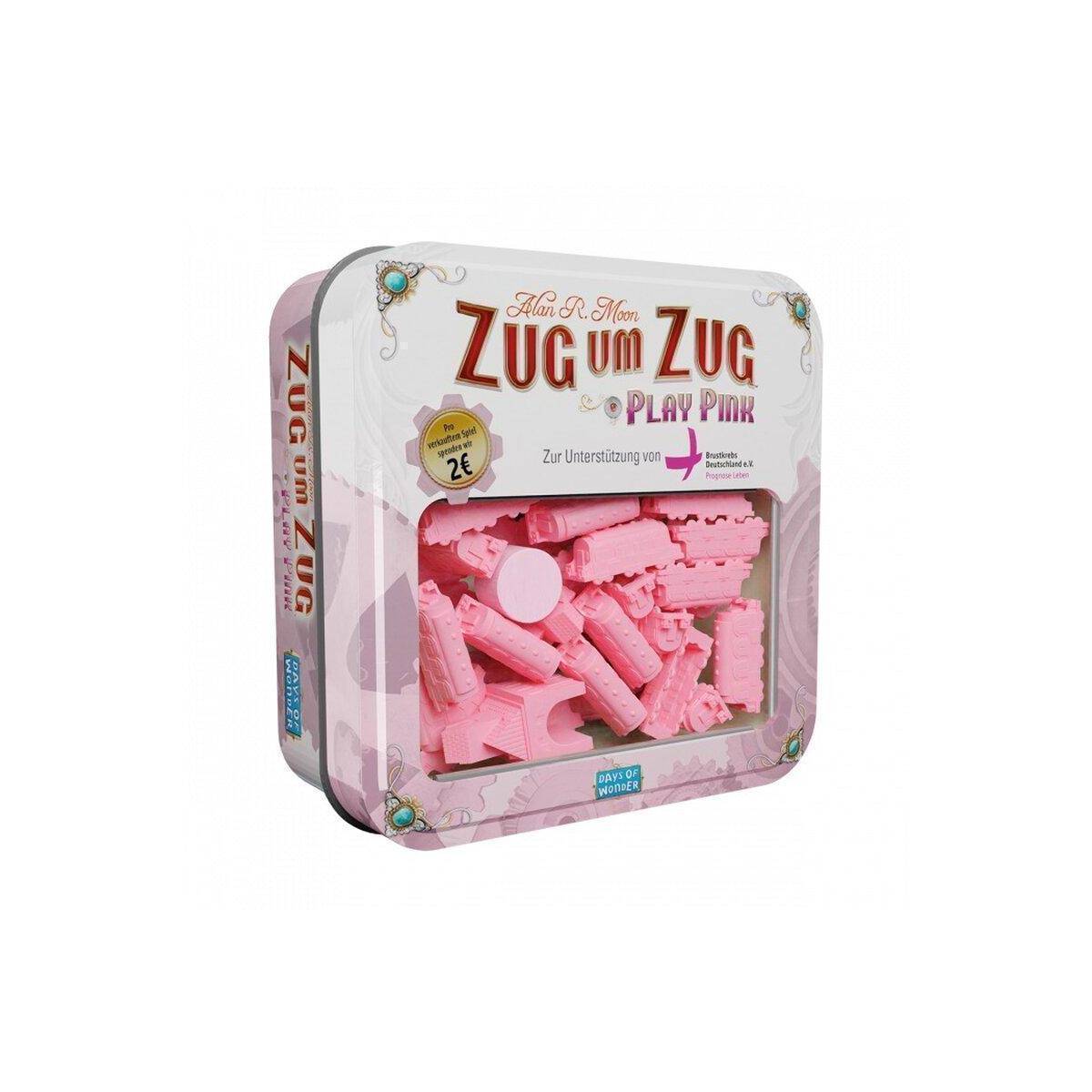 Rosa Spielfiguren in einer weißen Blechdose mit der Aufschrift „Zug um Zug Play Pink