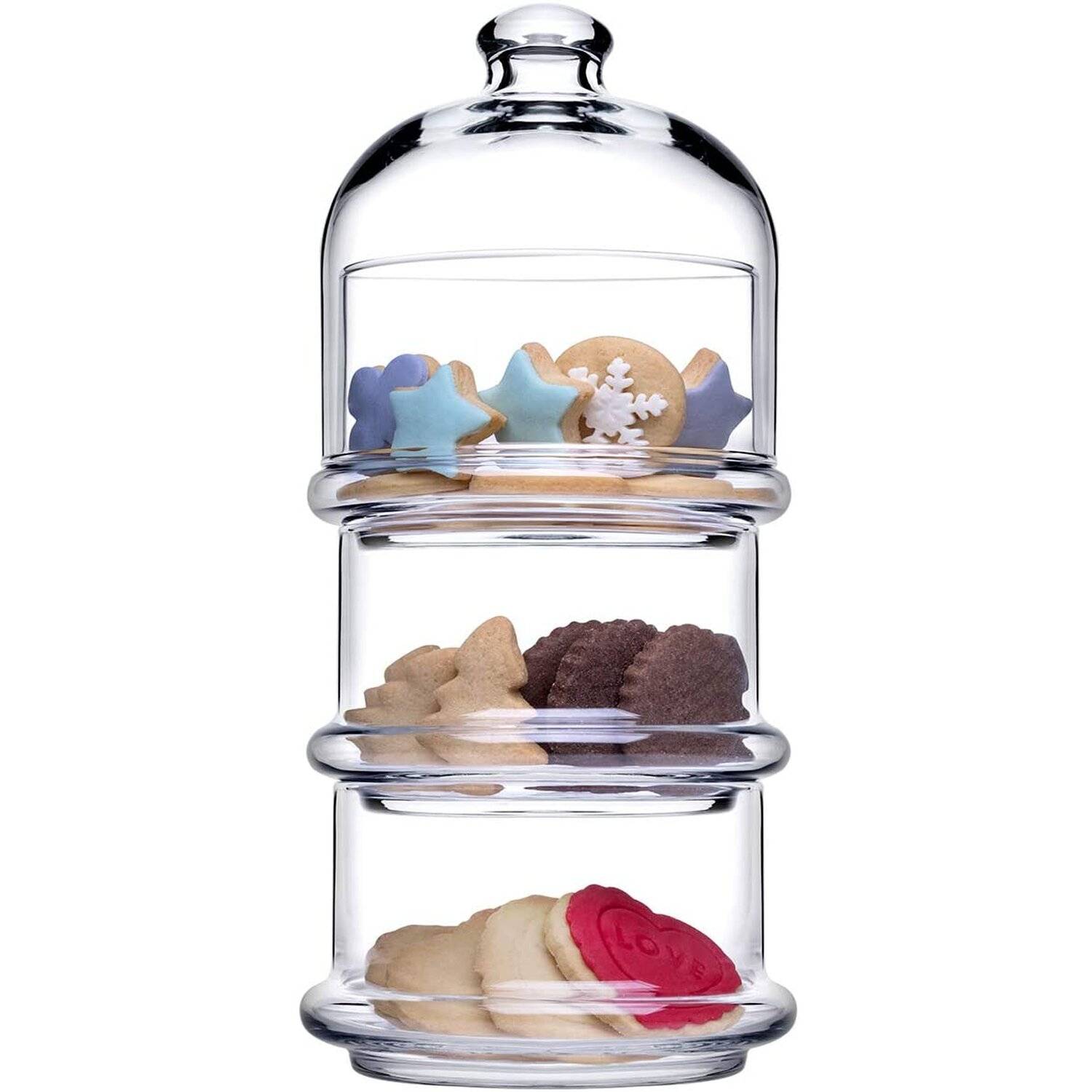 PASABAHCE Patisserie Basic Set 3 stapelbare Behälter mit Kuppel, Glas, Transparent