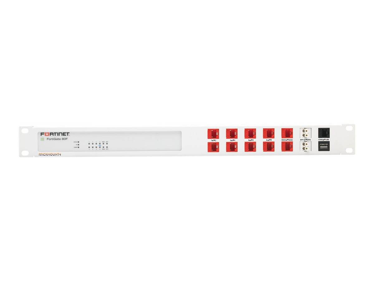 Vorderansicht eines Fortinet-Rackmontagegeräts für Netzwerksicherheit mit mehreren Ethernet-Anschlüssen und Statusanzeigen auf weißem Hintergrund.