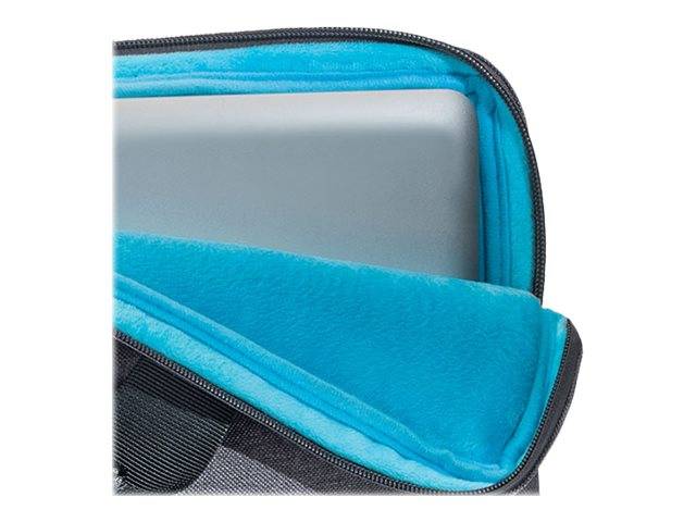 Nahaufnahme einer blauen Laptop-Tasche mit Reißverschluss, die teilweise offen ist und einen silbernen Laptop im Inneren zeigt.