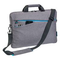 Grauer Laptop-Umhängetasche mit Schultergurt und oberen Griff, mit blauem Akzent-Vordertasche und Reißverschluss-Verschluss.