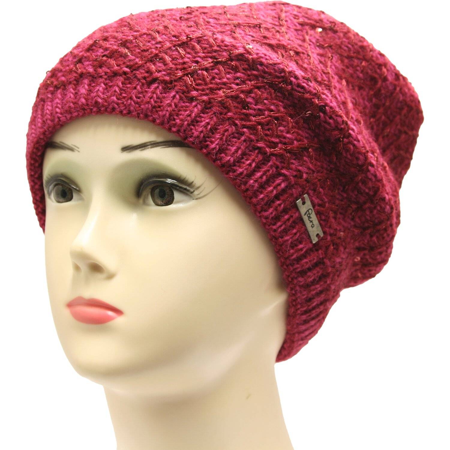 Faera Wintermütze warm gefüttert mit Kunstfell Bommel-Mütze Winter Mütze Glitzer Beanie-Mütze Damen One-Size Rot