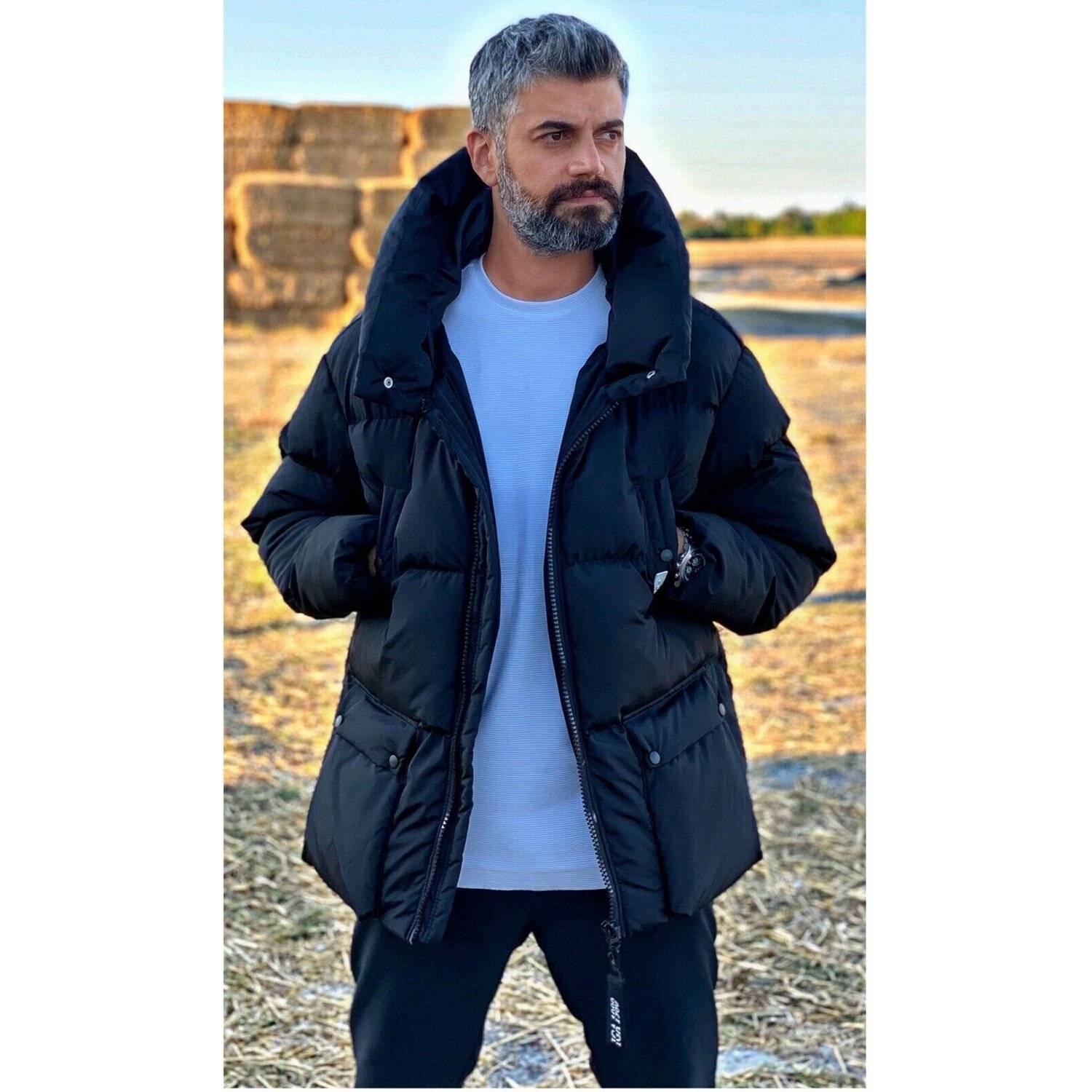 Megaman Jeans HJ-8050 Herren Oversize Jacke Winterjacke Steppjacke Sportjacke Kapuze Premium XL Schwarz