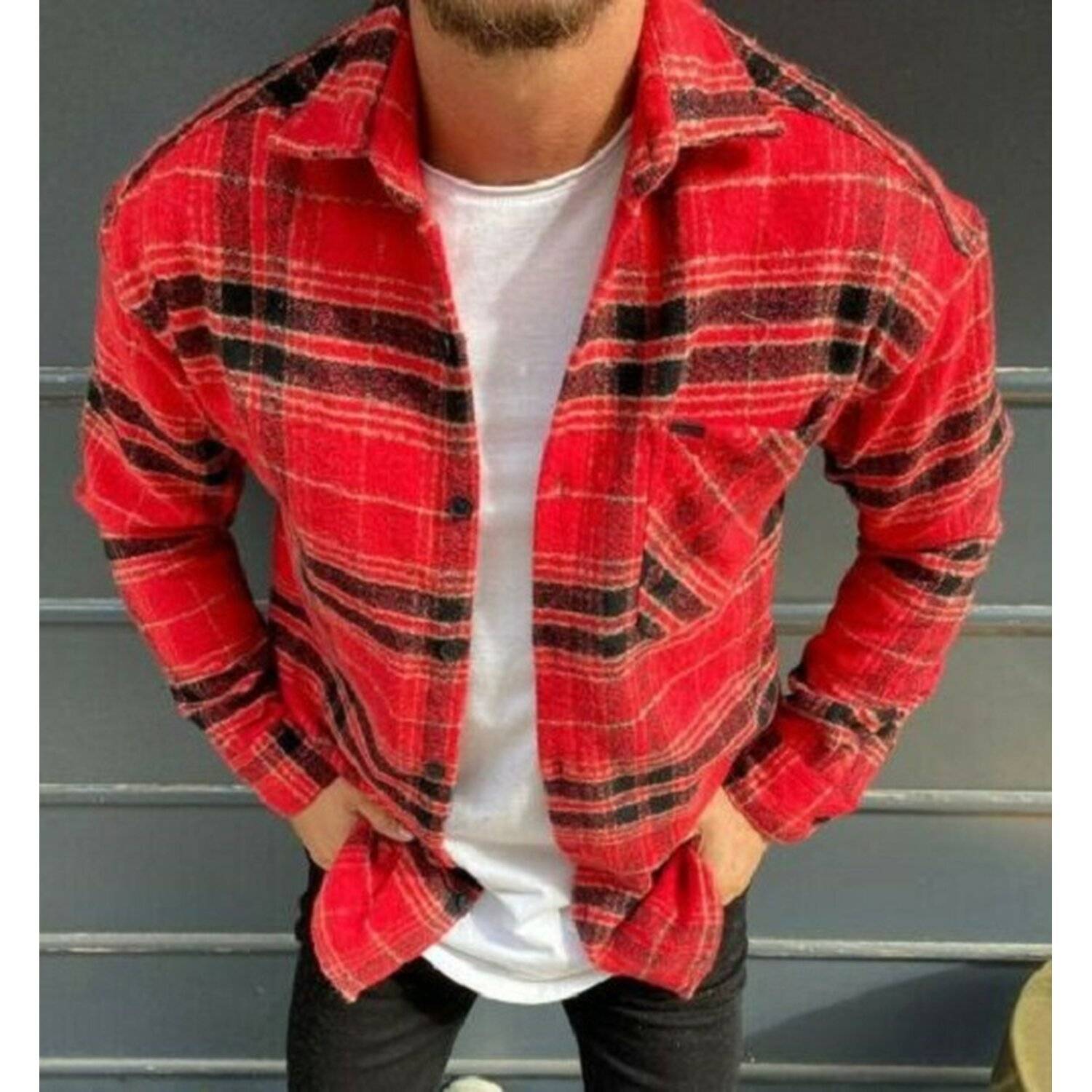 Megaman Jeans Herren Holzfäller Hemd Langarm Karohemd Kariert Shirt Flanell Holzfeller 100% Baumwolle Rot L