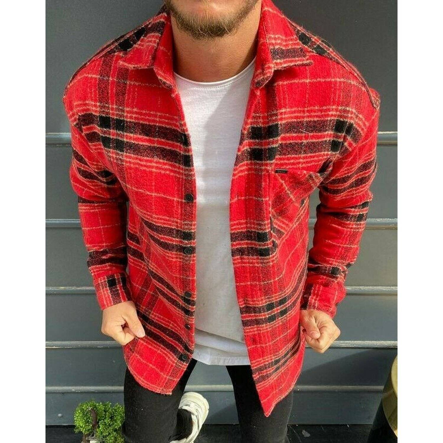 Megaman Jeans Herren Holzfäller Hemd Langarm Karohemd Kariert Shirt Flanell Holzfeller 100% Baumwolle Rot L