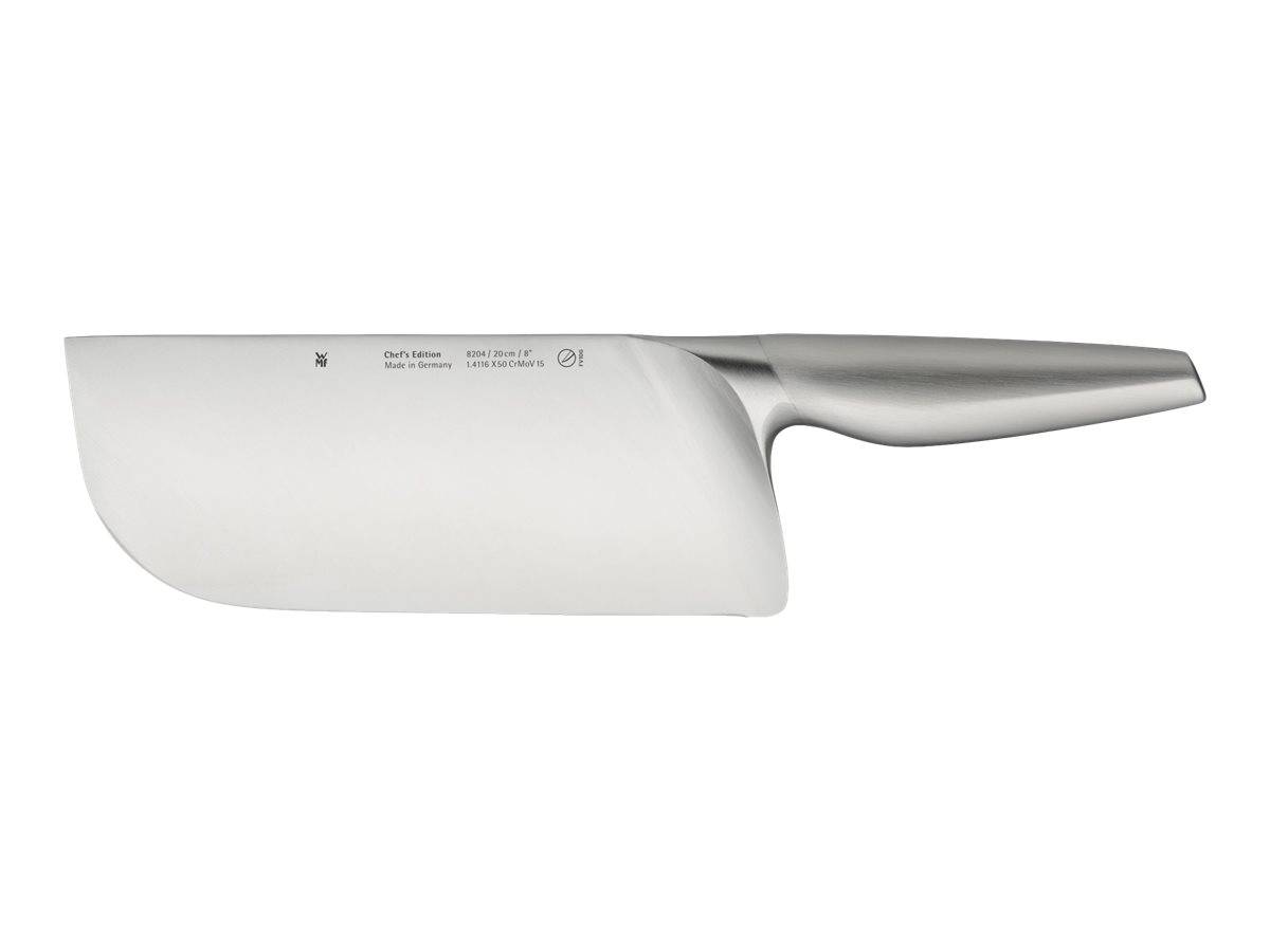 Ein elegantes weiß-silbernes Küchenmesser mit Fleischklinge, das von der Seite auf einem schlichten weißen Hintergrund gezeigt wird.