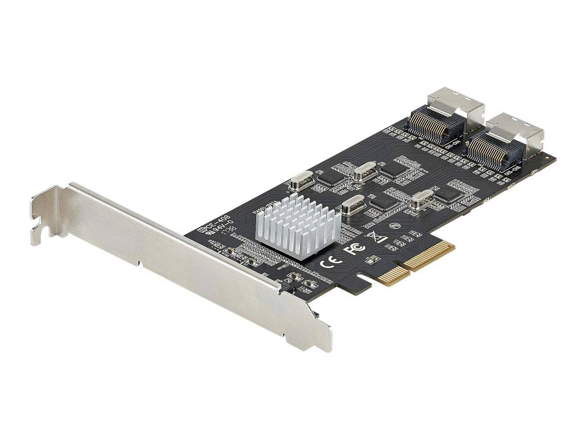 PCIe-Erweiterungskarte mit zwei externen Anschlüssen und kleinem Kühlkörper, auf weißem Hintergrund dargestellt.