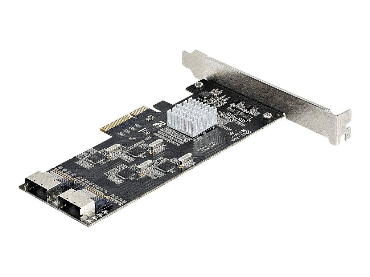 Schwarze PCIe-Erweiterungskarte mit zwei USB-Anschlüssen, einer hinteren Metallhalterung und einem kleinen silbernen Kühlkörper auf weißem Hintergrund.
