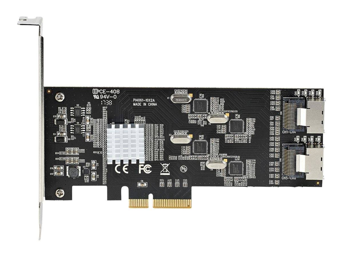 Interne Erweiterungskarte mit Metallhalterung und mehreren Anschlüssen, wahrscheinlich eine PCIe-Netzwerk- oder Speicherschnittstellen-Karte.