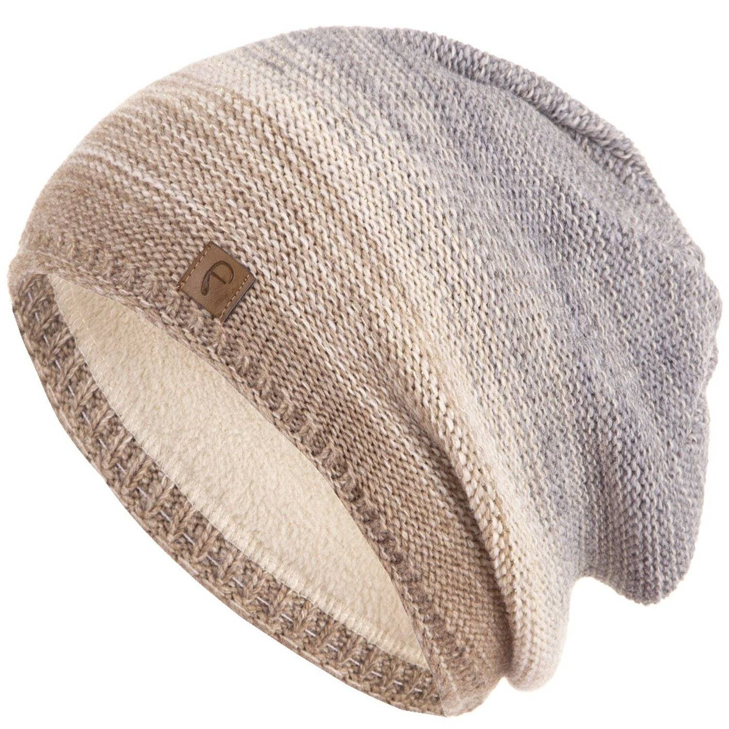 Faera Wintermütze Mehrfarbig warm gefüttert Fleece-Futter Winter Mütze Strick-Mütze Beanie-Mütze Damen One-Size 09 Beige