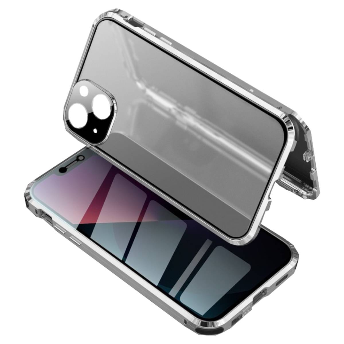 Für Apple iPhone 13 Beidseitiger 360 Grad Magnet / Glas Privacy Mirror Case Hülle Handy Tasche Bumper Silber