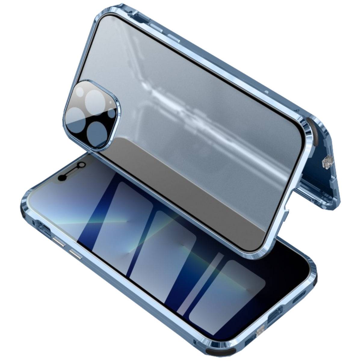 Für Apple iPhone 13 Pro Beidseitiger 360 Grad Magnet / Glas Privacy Mirror Case Hülle Handy Tasche Bumper Blau