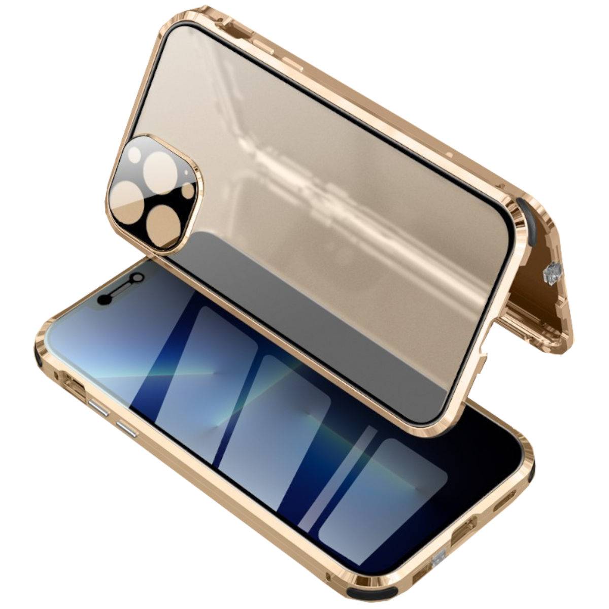 Für Apple iPhone 13 Pro Max Beidseitiger 360 Grad Magnet / Glas Privacy Mirror Case Hülle Handy Tasche Bumper Gold