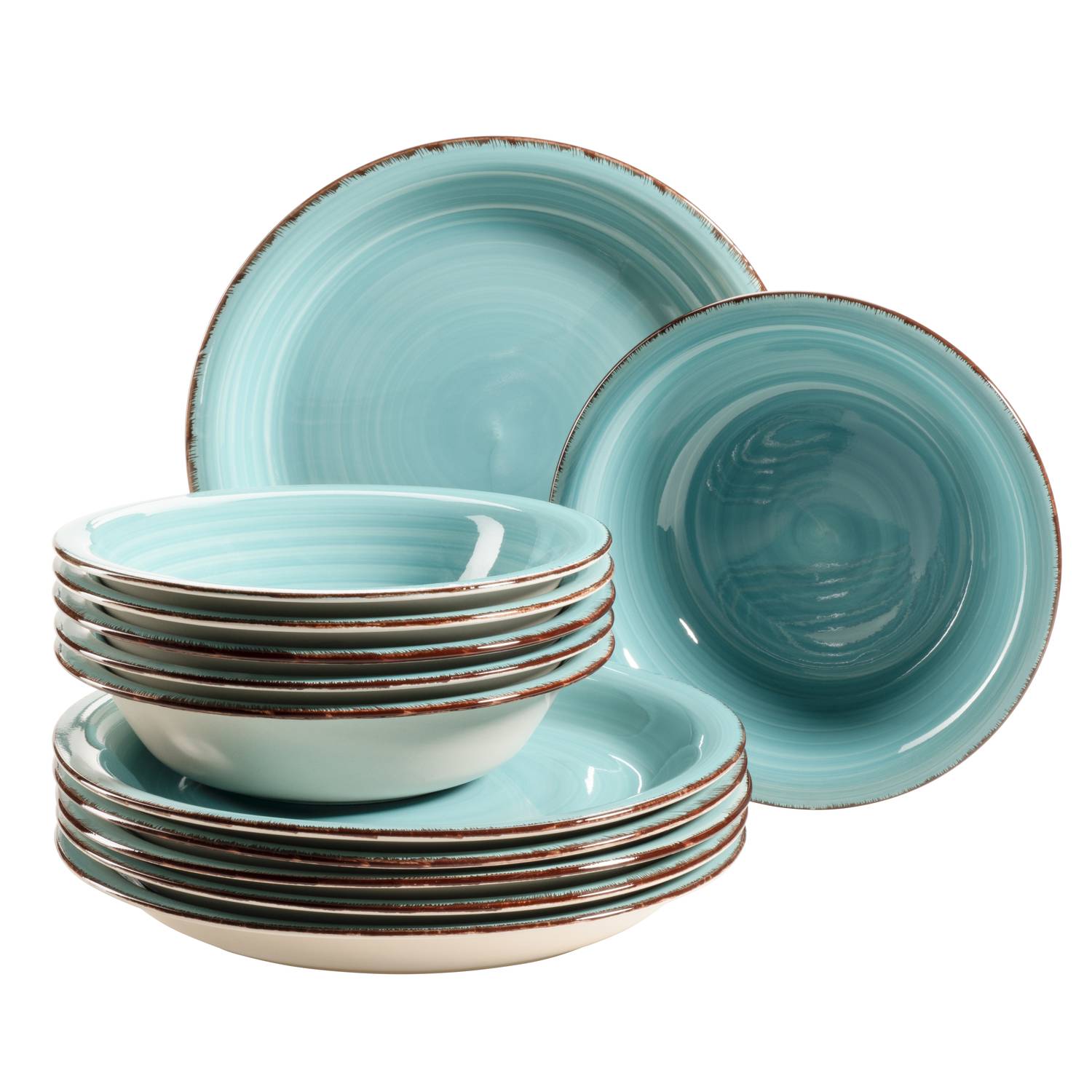 Mäser 931497 Lumaca Teller-Set für 6 Personen im modernen Vintage Look, Tafelservice, handbemalt, Steingut, türkis, 12-teilig (1 Set)