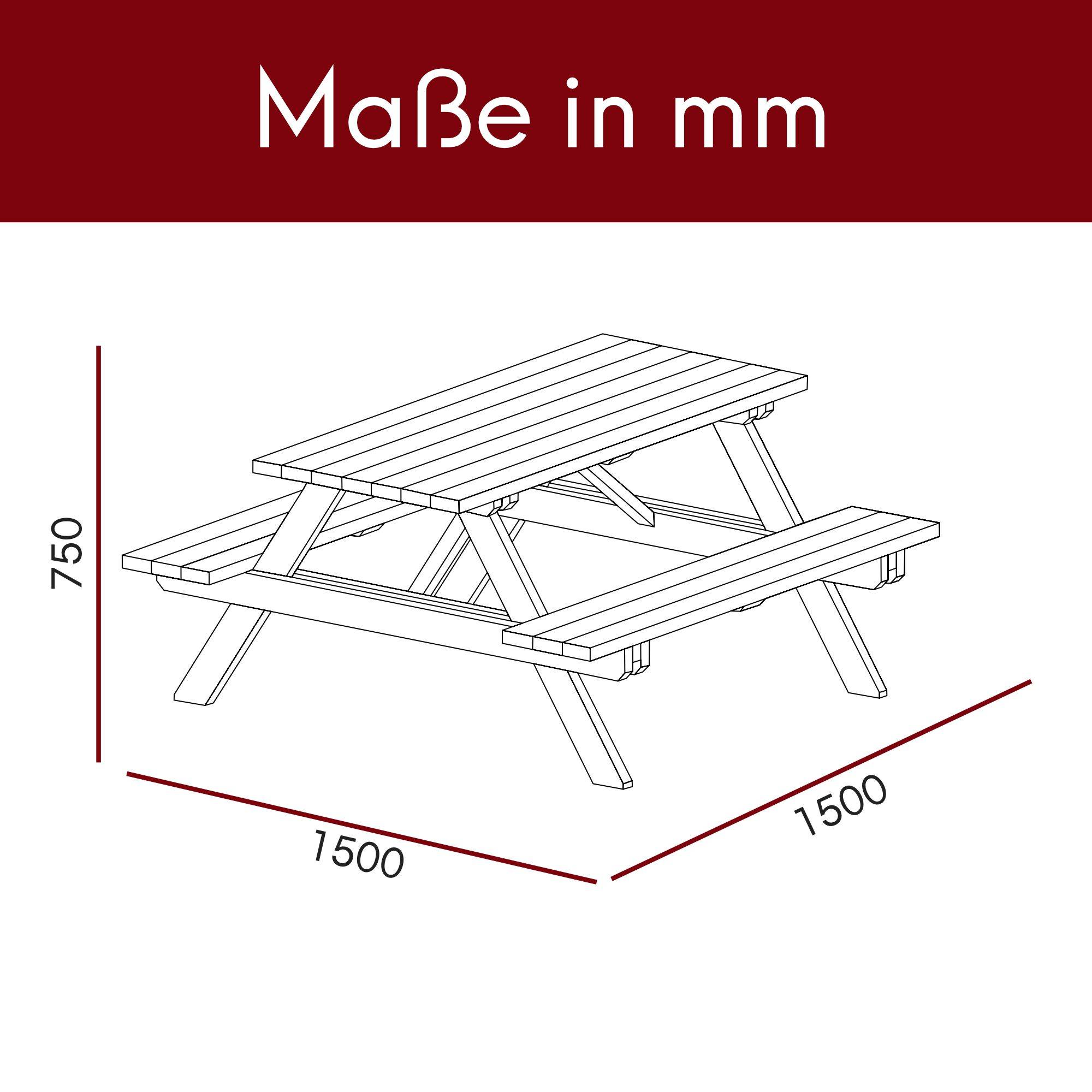 kalb | Picknicktisch Waldsee - 150 x 150 x 75 cm Gartenmöbel Festzeltgarnitur Bank Massiv Echtholz
