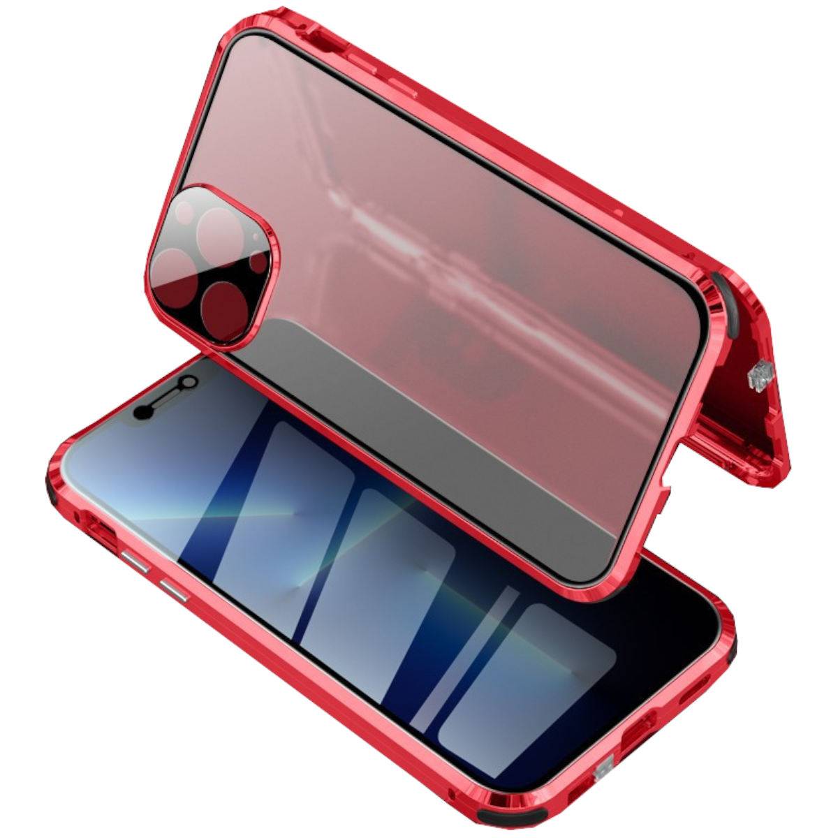 Für Apple iPhone 13 Pro Beidseitiger 360 Grad Magnet / Glas Privacy Mirror Case Hülle Handy Tasche Bumper Rot