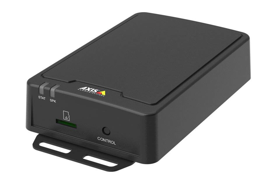 Schwarzes Axis-Netzwerkgerät oder Controller mit STATUS- und SPK-Indikatoren, Schloss-Symbol, Steuertaste und Befestigungshalterung auf der Frontplatte.