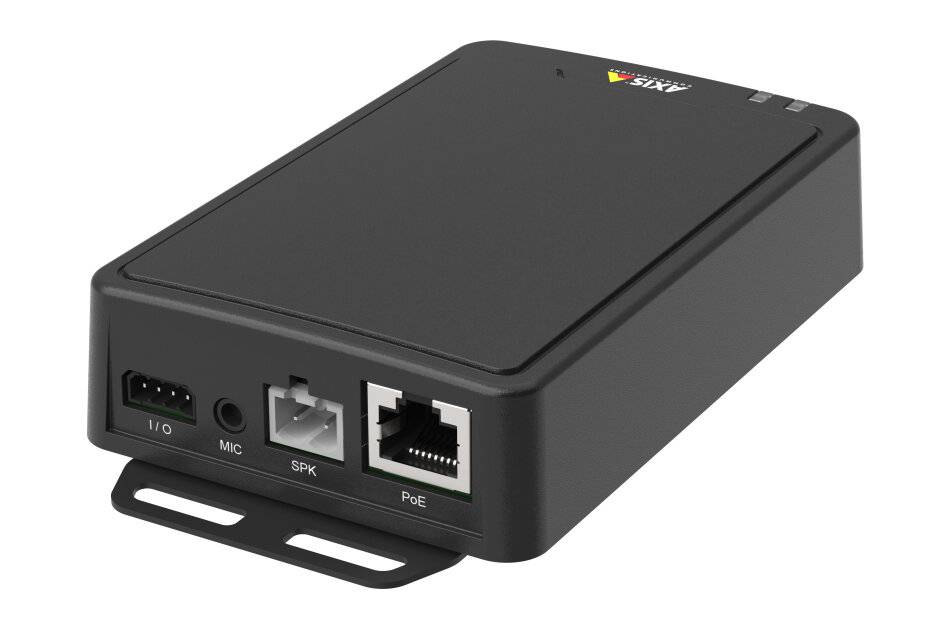 Schwarzes Axis-Netzwerkgerät mit I/O-, MIC-, SPK- und PoE-Anschlüssen auf der Frontplatte.