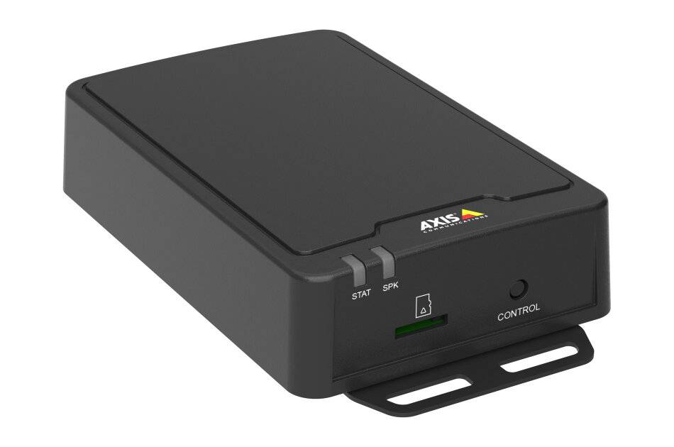 Schwarzes Axis-Elektronikgerät mit vorderen Status-LEDs, Steuerknopf und Montageklammer auf weißem Hintergrund.