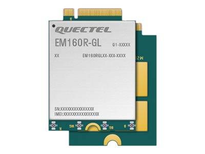 Quectel EM160R-GL Mobilfunkmodem-Modul in Vorderansicht mit beschriftetem Metallschirm und Leiterplattensteckverbindern.
