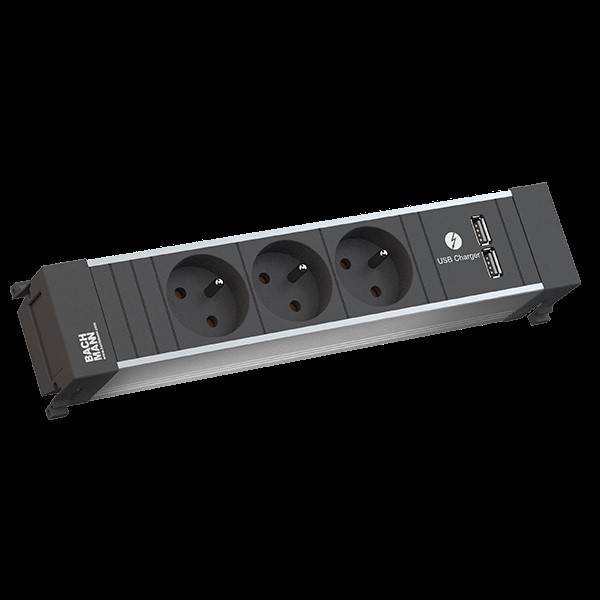 Steckdosenleiste mit drei europäischen Steckdosen und zwei USB-Ladeanschlüssen, in silber-schwarzem Design.