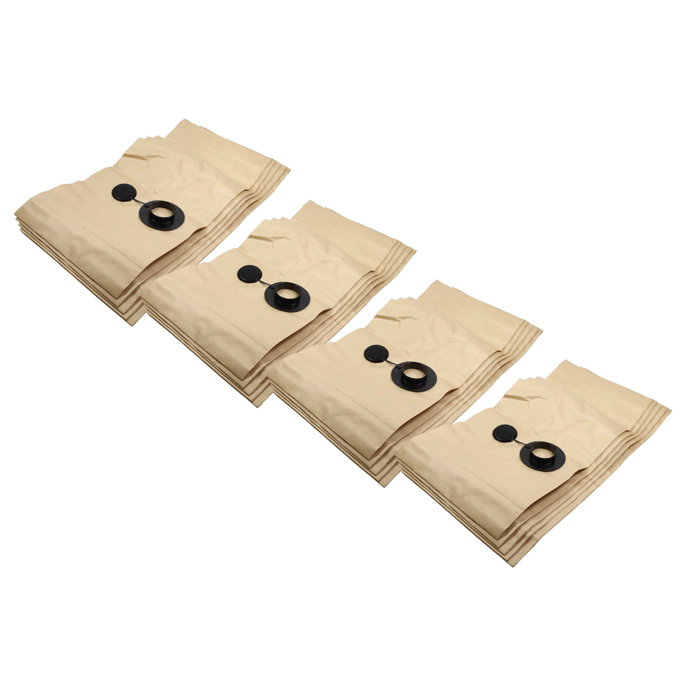 Vier beige Staubsaugerbeutel mit schwarzen Befestigungsringen in einer Reihe angeordnet.