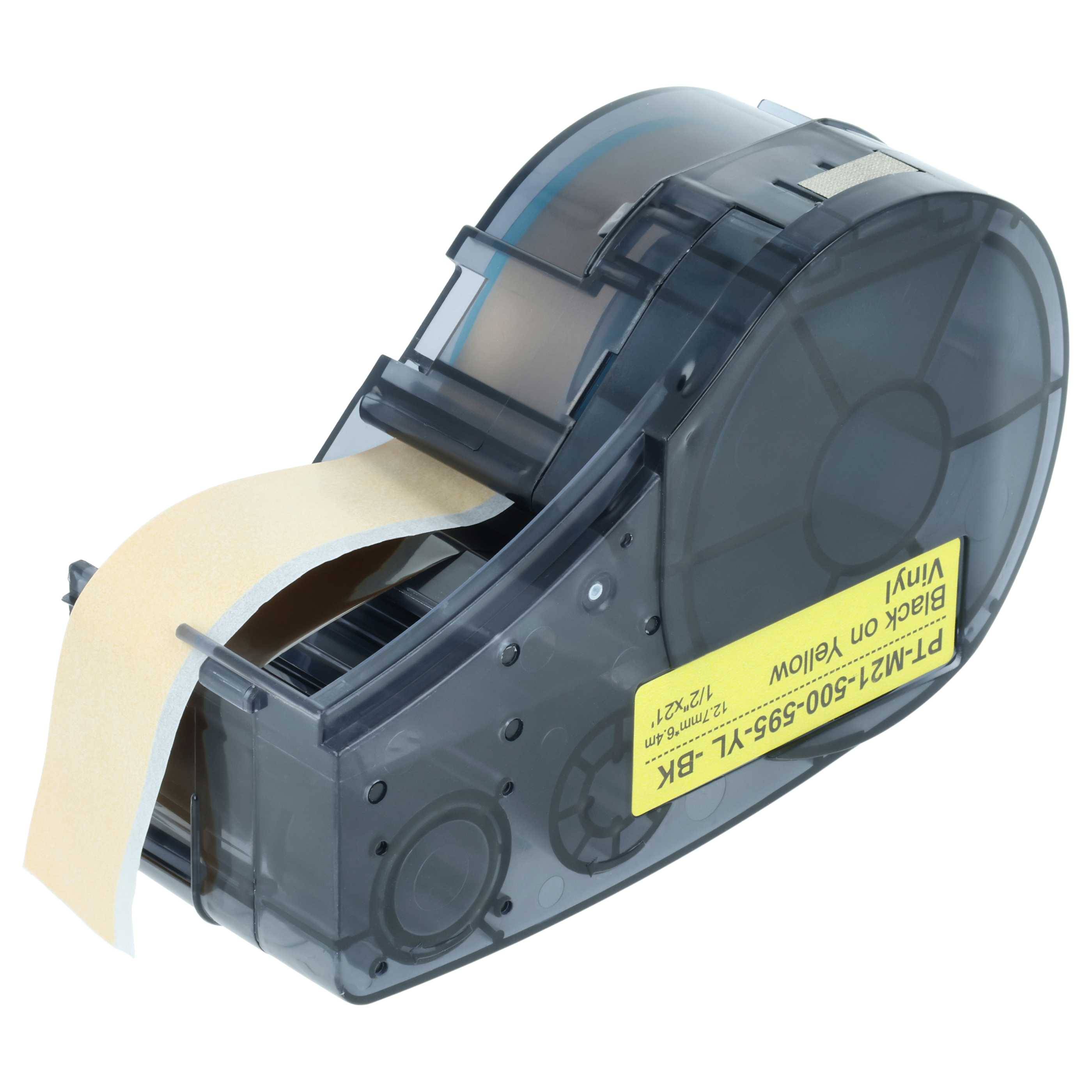 Eine schwarz-gelbe Etikettenbandkartusche mit teilweise ausgezogenem Band; kompatibel mit Etikettendruckern zum Erstellen von personalisierten Etiketten.