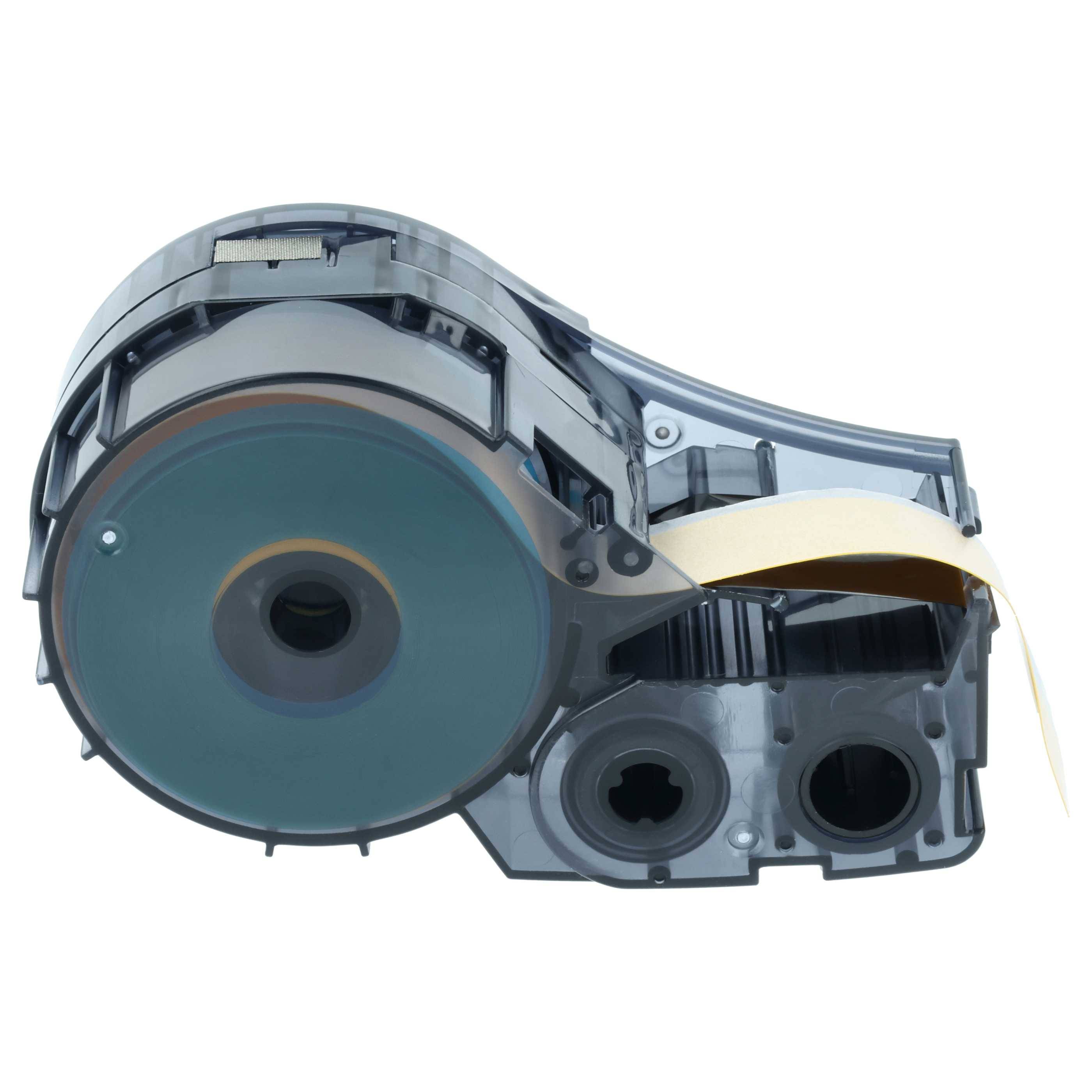 Transparente Patrone mit durchsichtigem Gehäuse, das die inneren Mechanismen zeigt, beladen mit dünnem Papierstreifen. Wird zum Drucken von Etiketten verwendet.